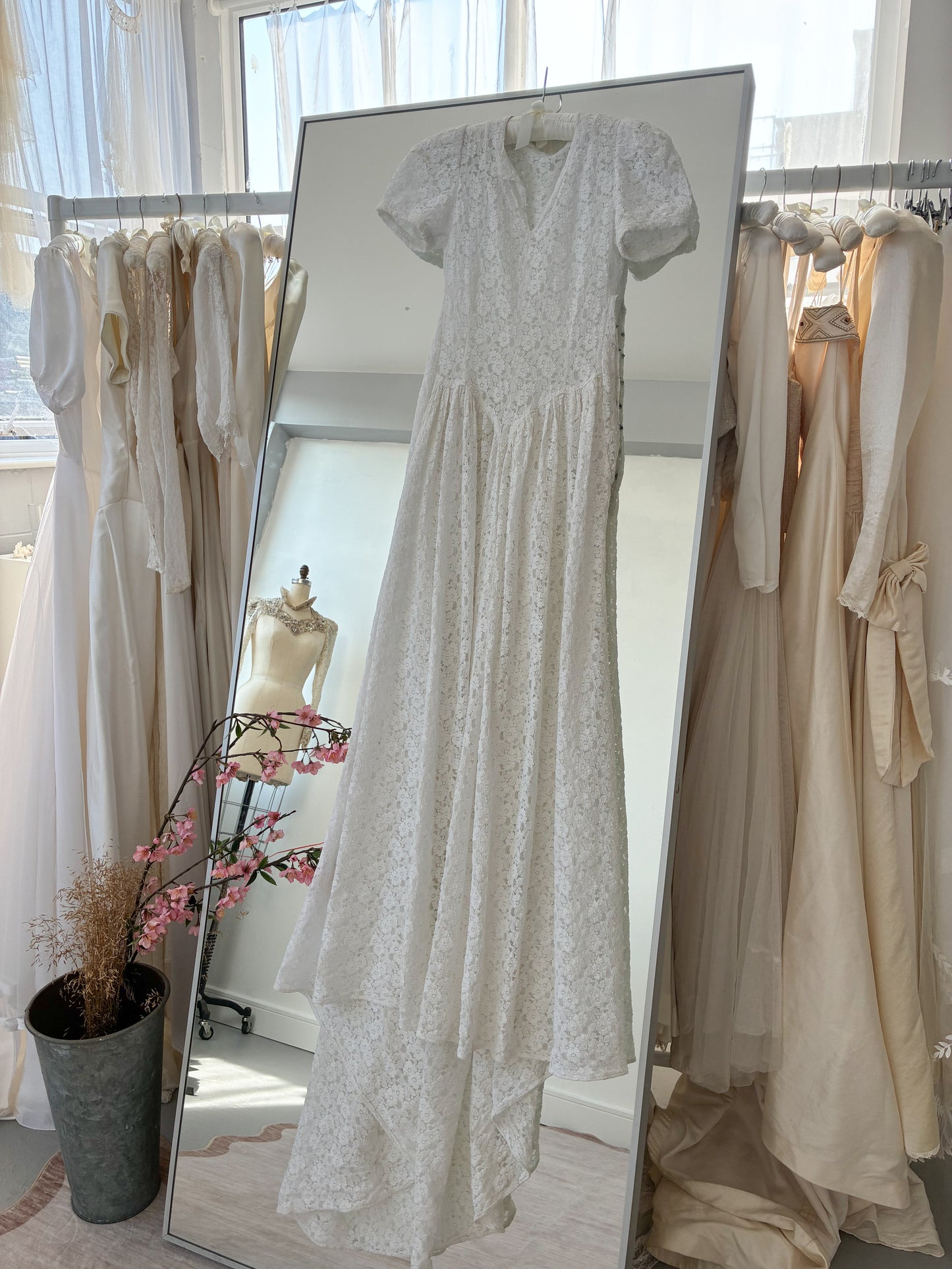 1930s Ivory Floral Lace Wedding Dress With Puff Sleeves And Sweep Train