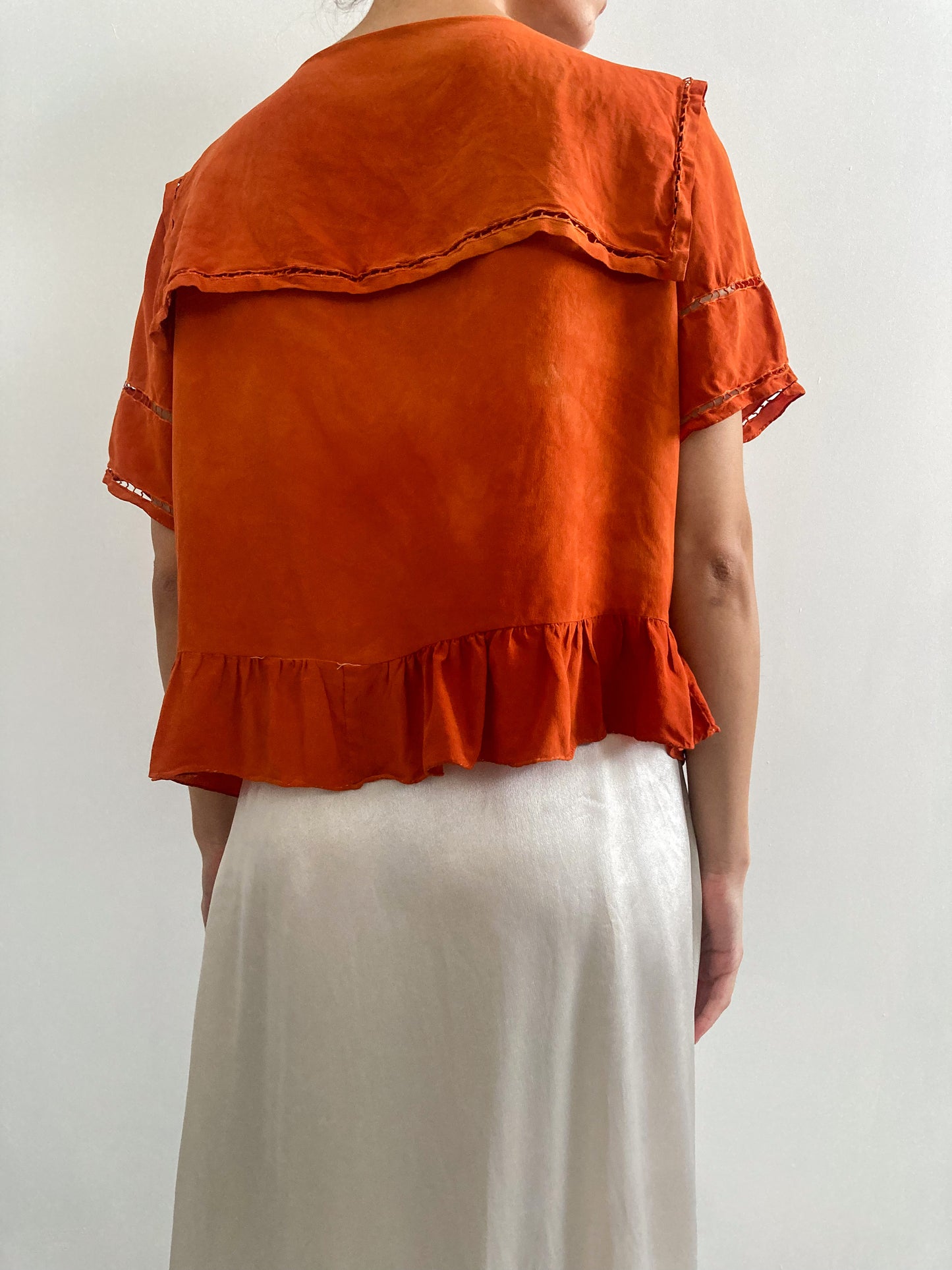 1920s Hand Dyed Silk Collared Blouse in Sunset Orange