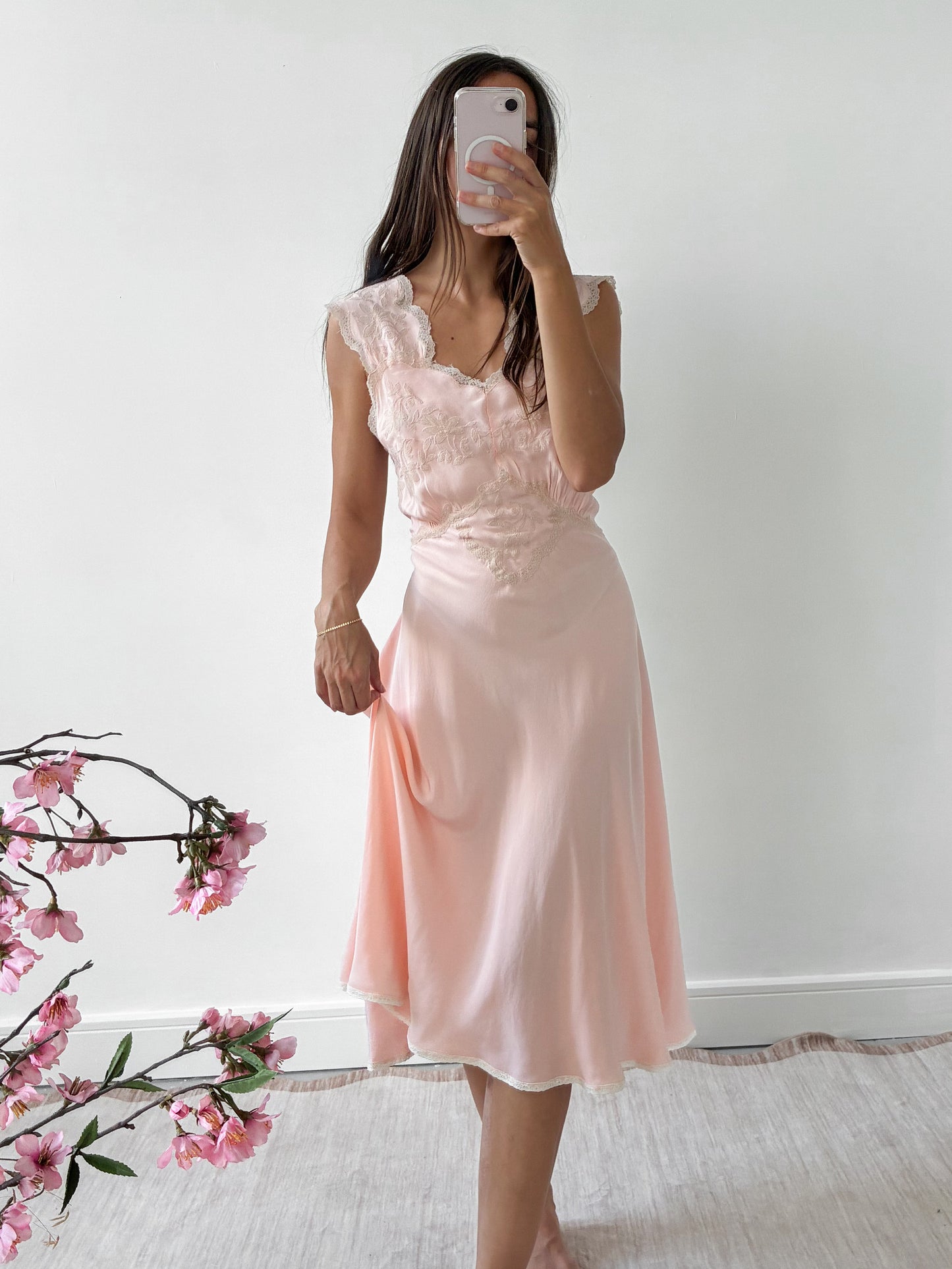 1930s Silk Midi Slip With Floral Lace M L