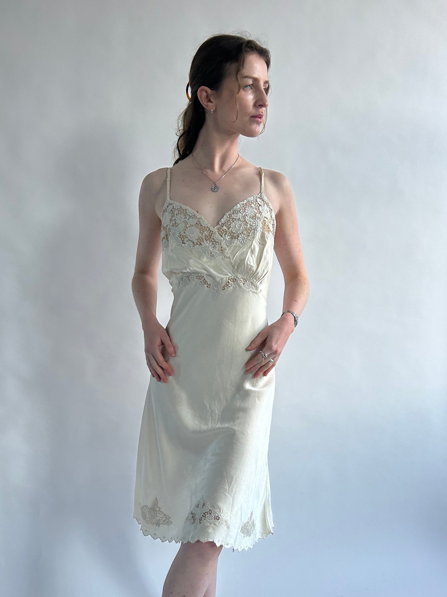 1930s Vanilla Silk Slip With Floral Embroidery