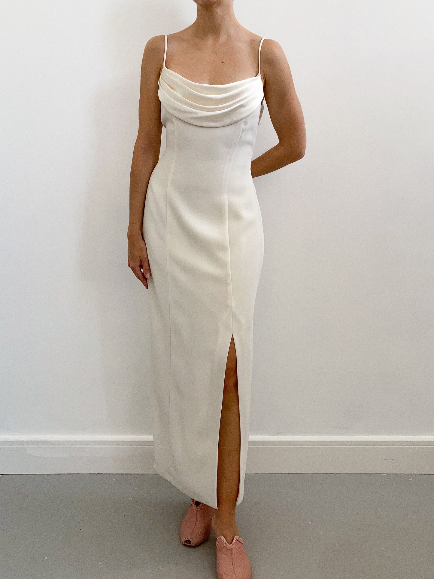 1990s Crepe Minimalist Wedding Dress with Pleated Detail & Spaghetti Straps