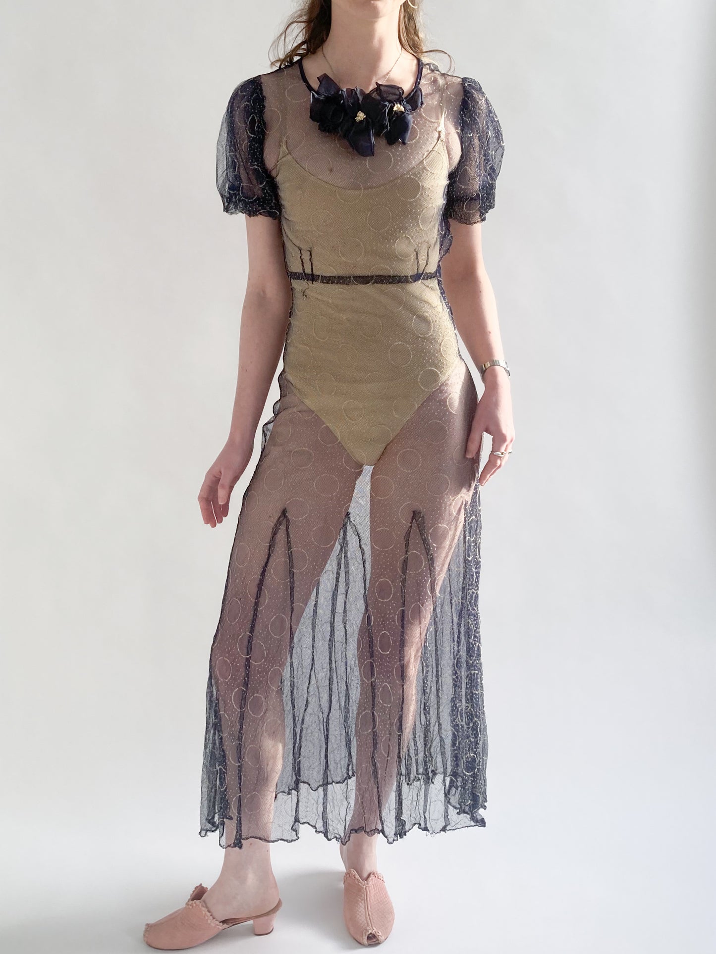 1930s Puff Sleeve Net Dress In Midnight Blue