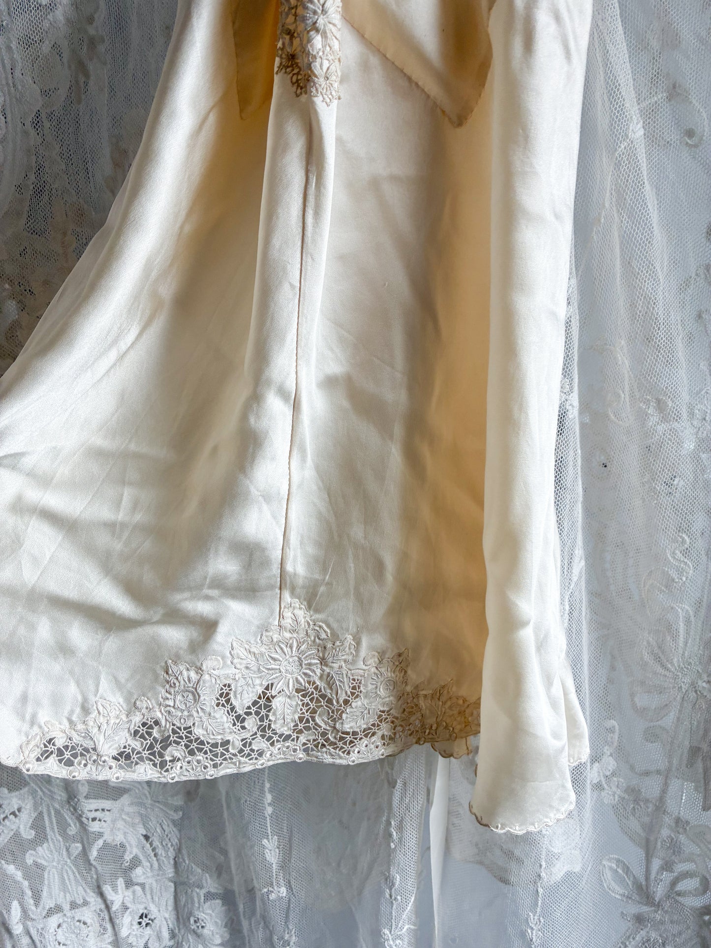 Antique Pure Silk Embroidered Camisole With Satin Straps In Vanilla