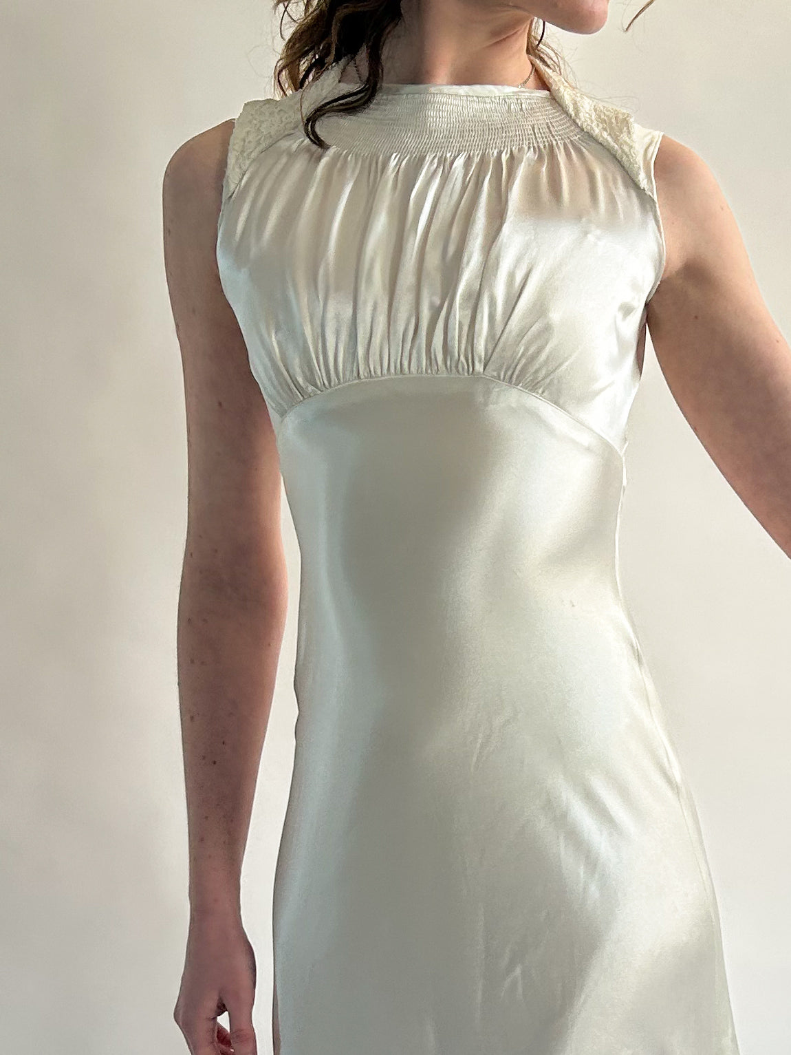 1930s Ivory Satin Sleeveless Wedding Dress with Gathered Neck & Train