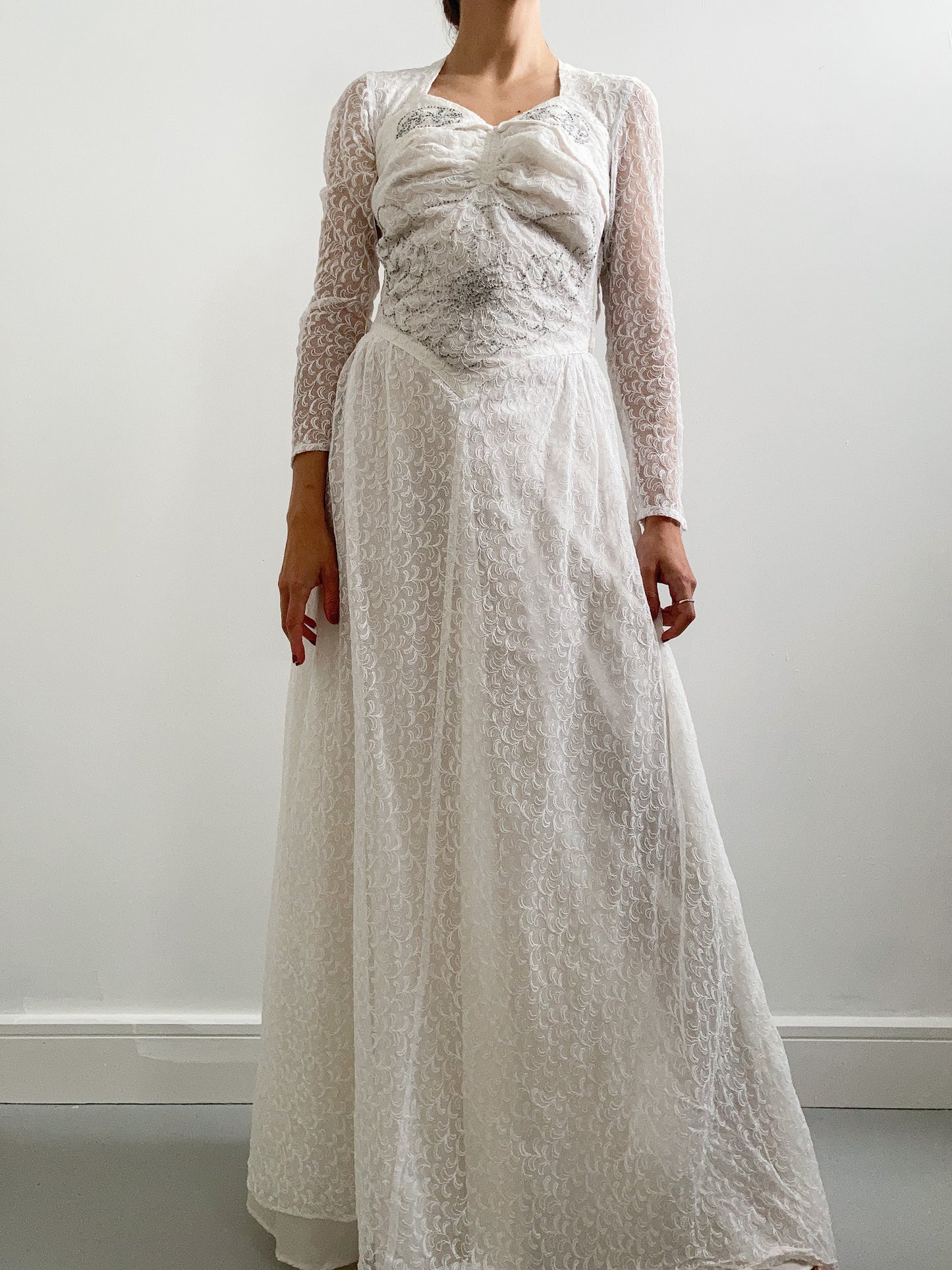 1940s Floral Lace Beaded Wedding Dress