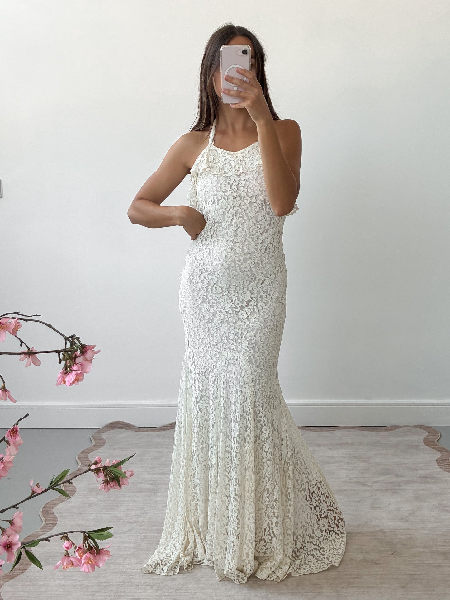 1930s Ivory Ruffled Bias Cut Wedding Dress In Cream Lace With Matching Bolero XS S