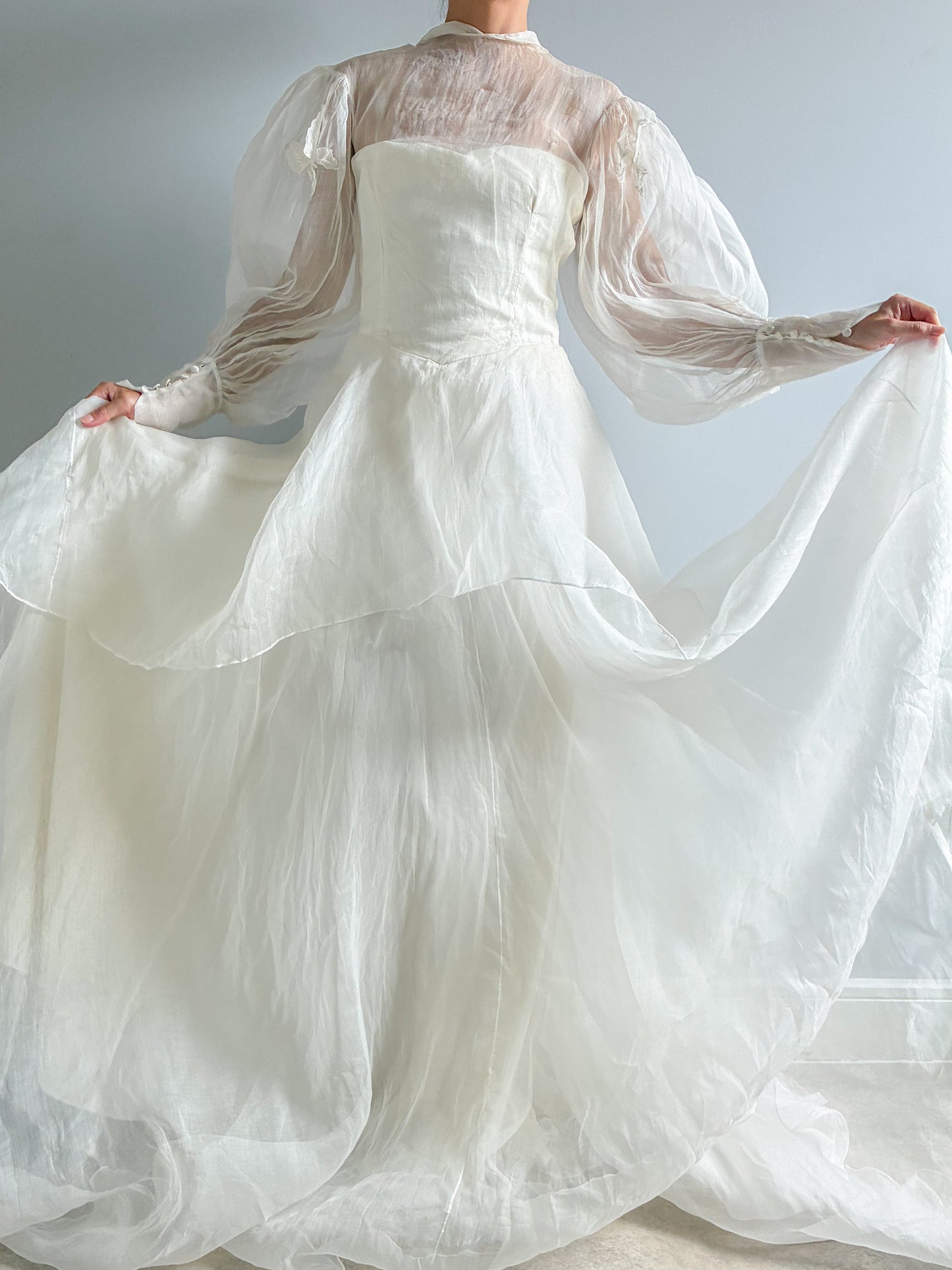 1940s Tiered Organza Wedding Gown With Puff Sleeves And Butterfly Detail