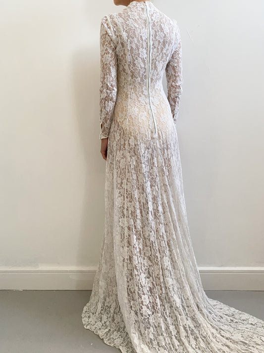 1940s All Floral Lace Wedding Gown with Train