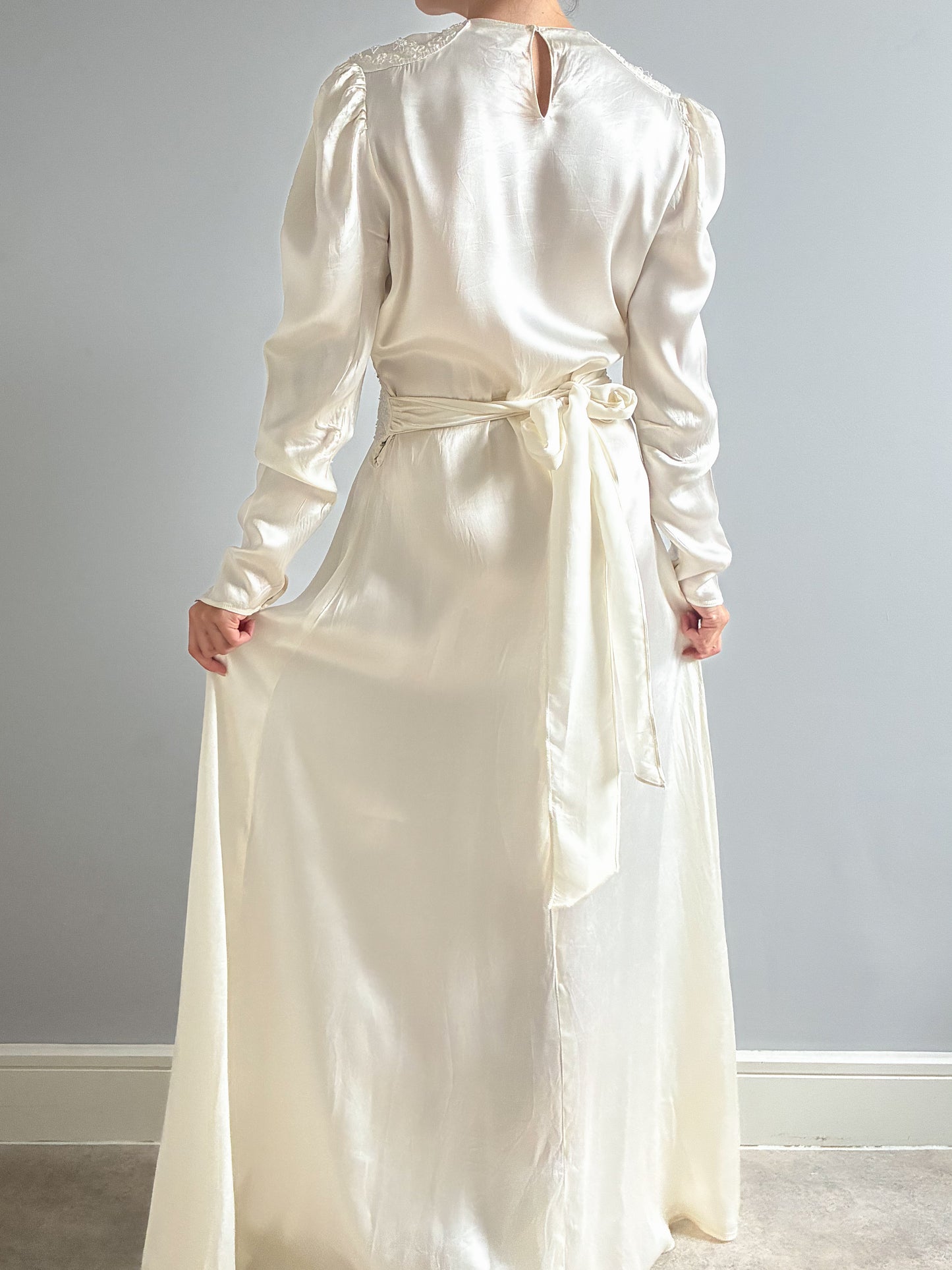 1940s Ivory Satin Dress With Sequins & Embroidery