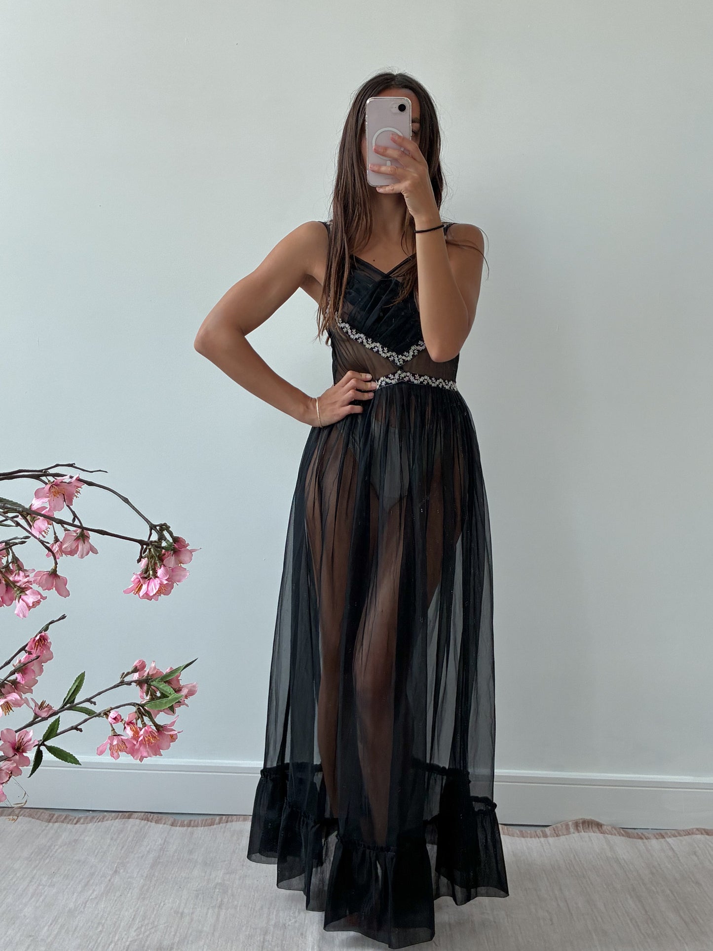 1950s Black Sheer Nightdress With Floral Embroidery
