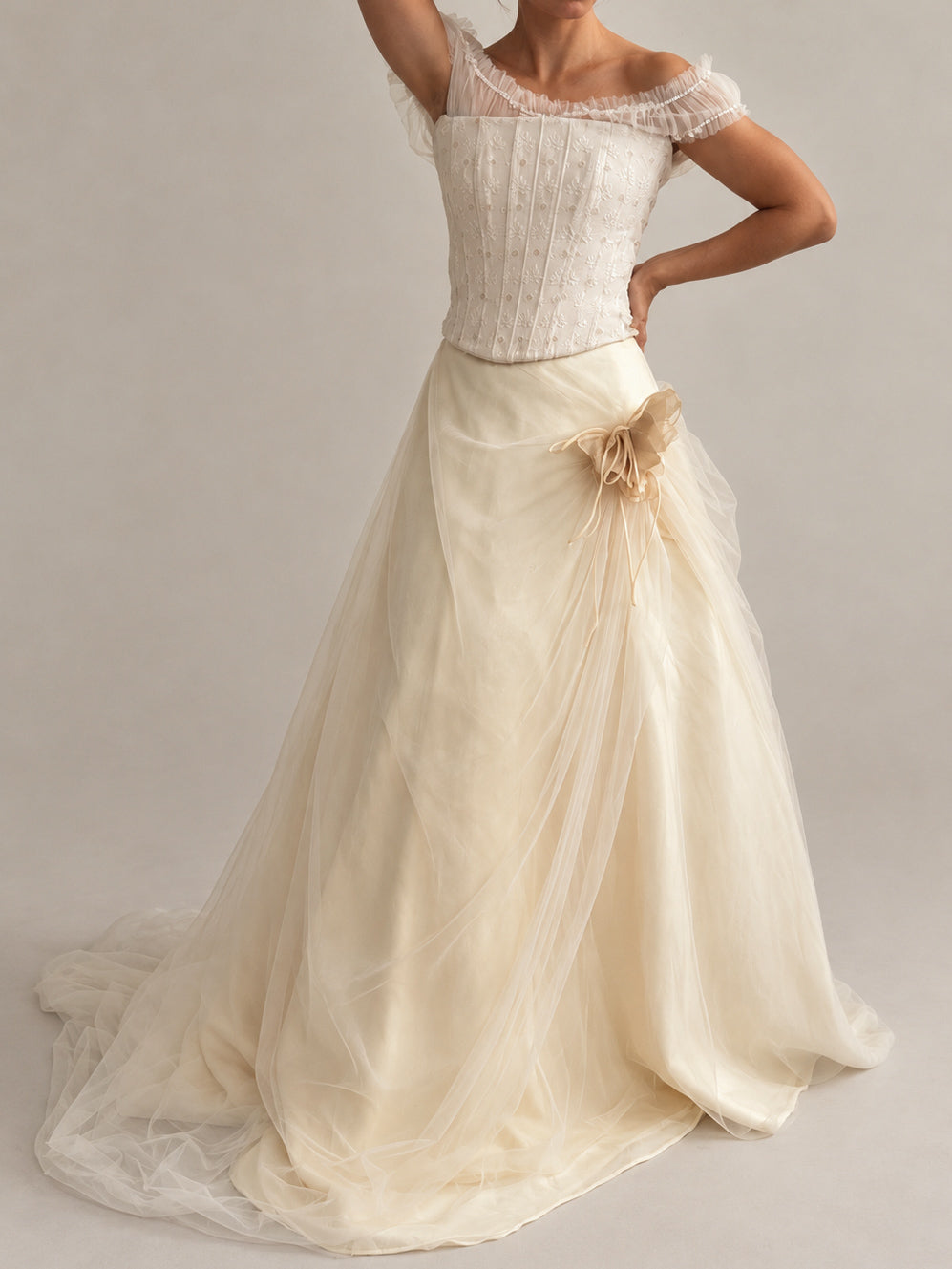 1990s Italian Bridal Two Piece With Embroidered Corset & Tulle Skirt XS S