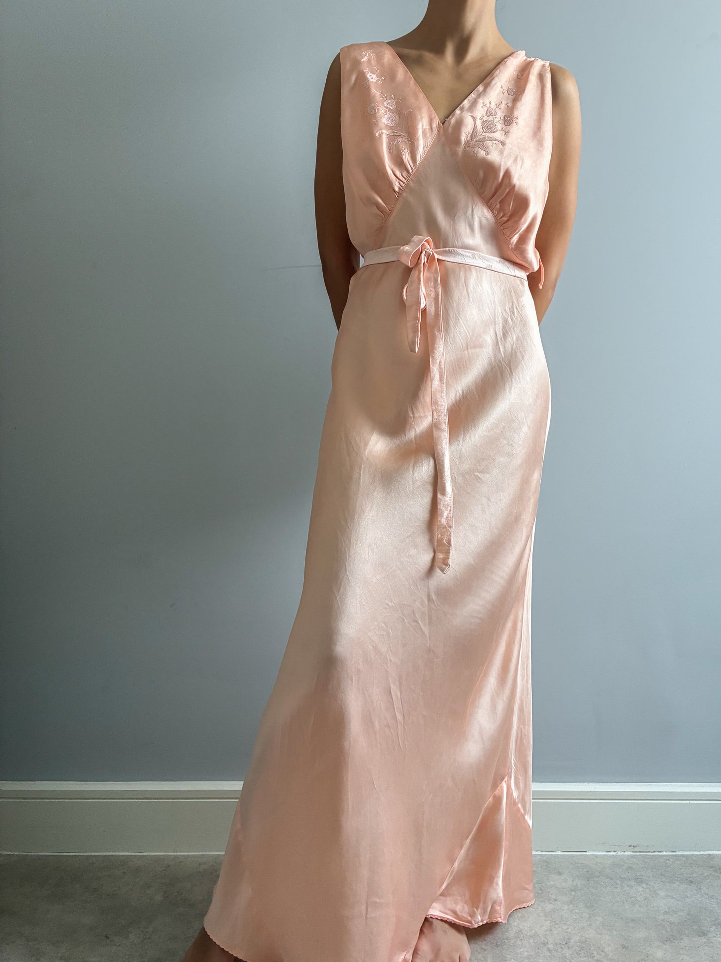 1930s Peachy Pink Pure Silk Slip Gown With Triple Straps