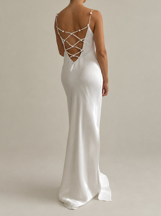 1990s Satin Slip Gown With Cross Back & Rosette Detail XS S
