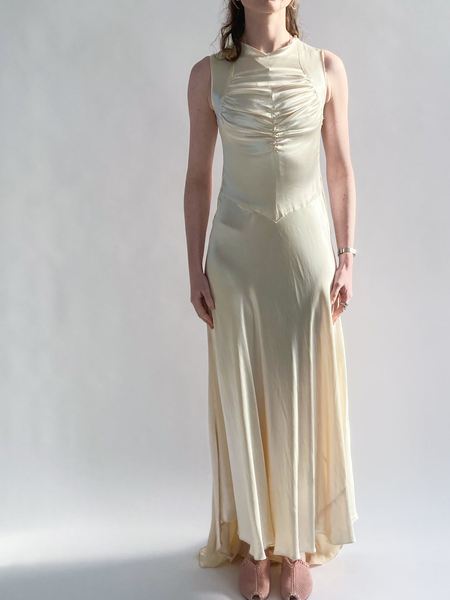 1930s Vanilla Silk Ruched Wedding Gown with Button Back and Sweep Train