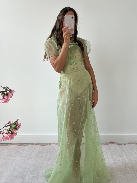 1930s Green Organza Dress With Bow Detail And Floral Embroidery M