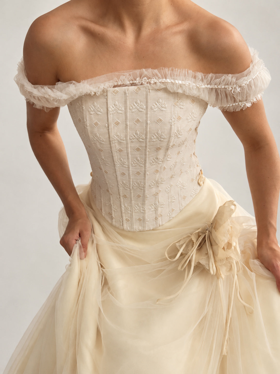 1990s Italian Bridal Two Piece With Embroidered Corset & Tulle Skirt XS S