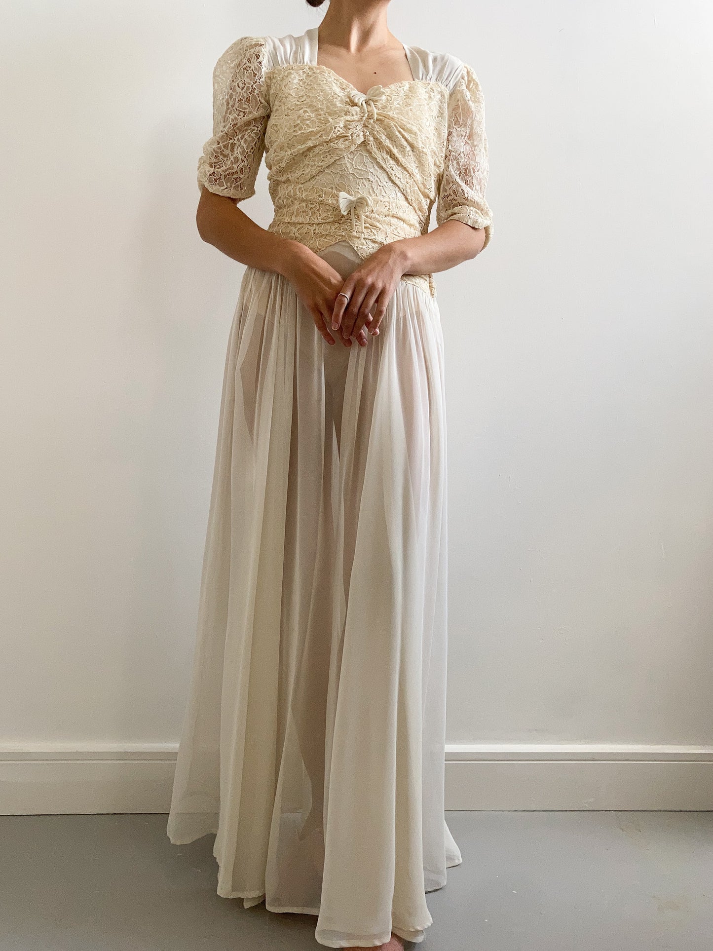 1940s Champagne Lace and Chiffon Wedding Dress with Bows