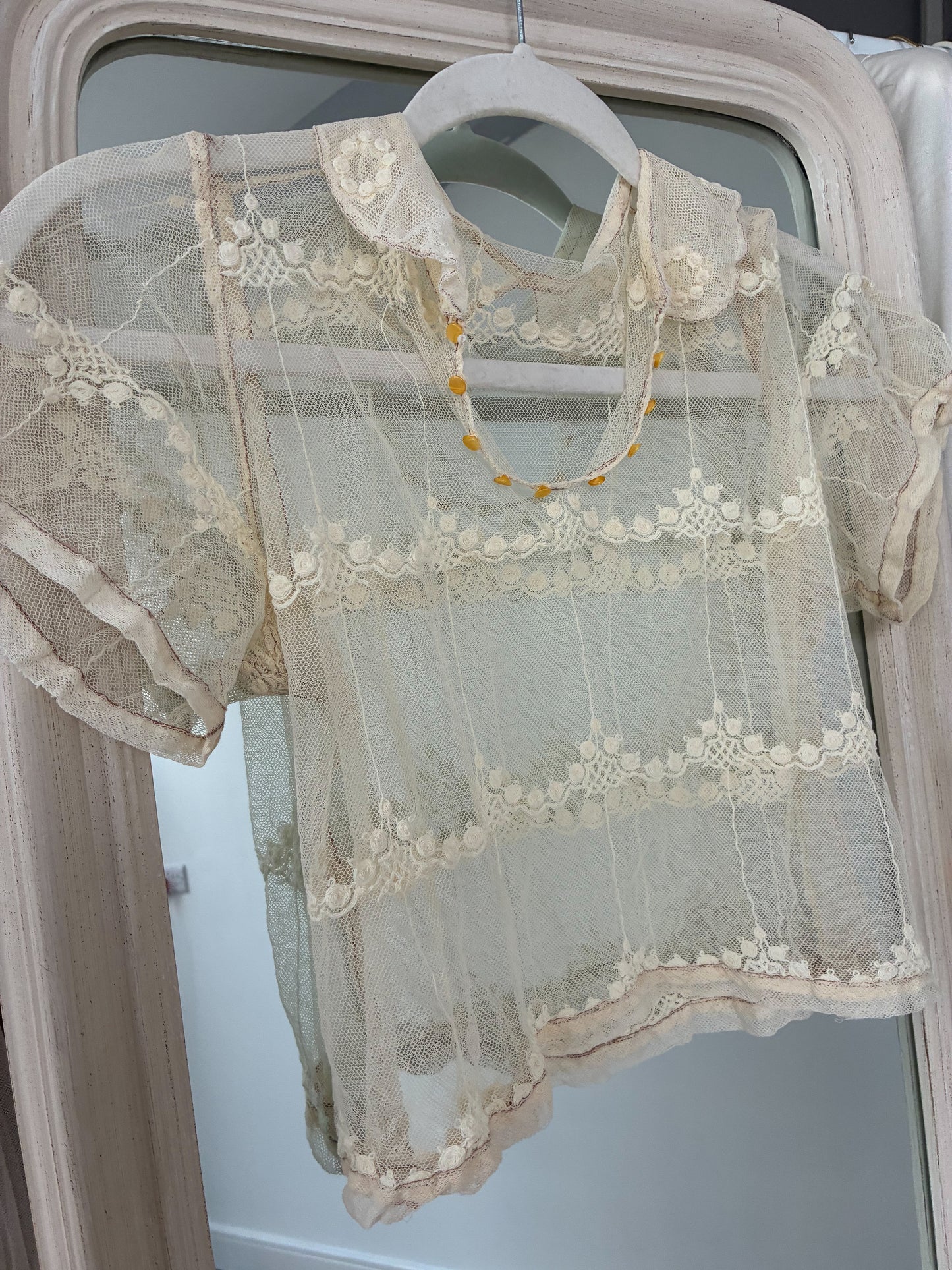 Antique French Embroidered Net Blouse In Cream S