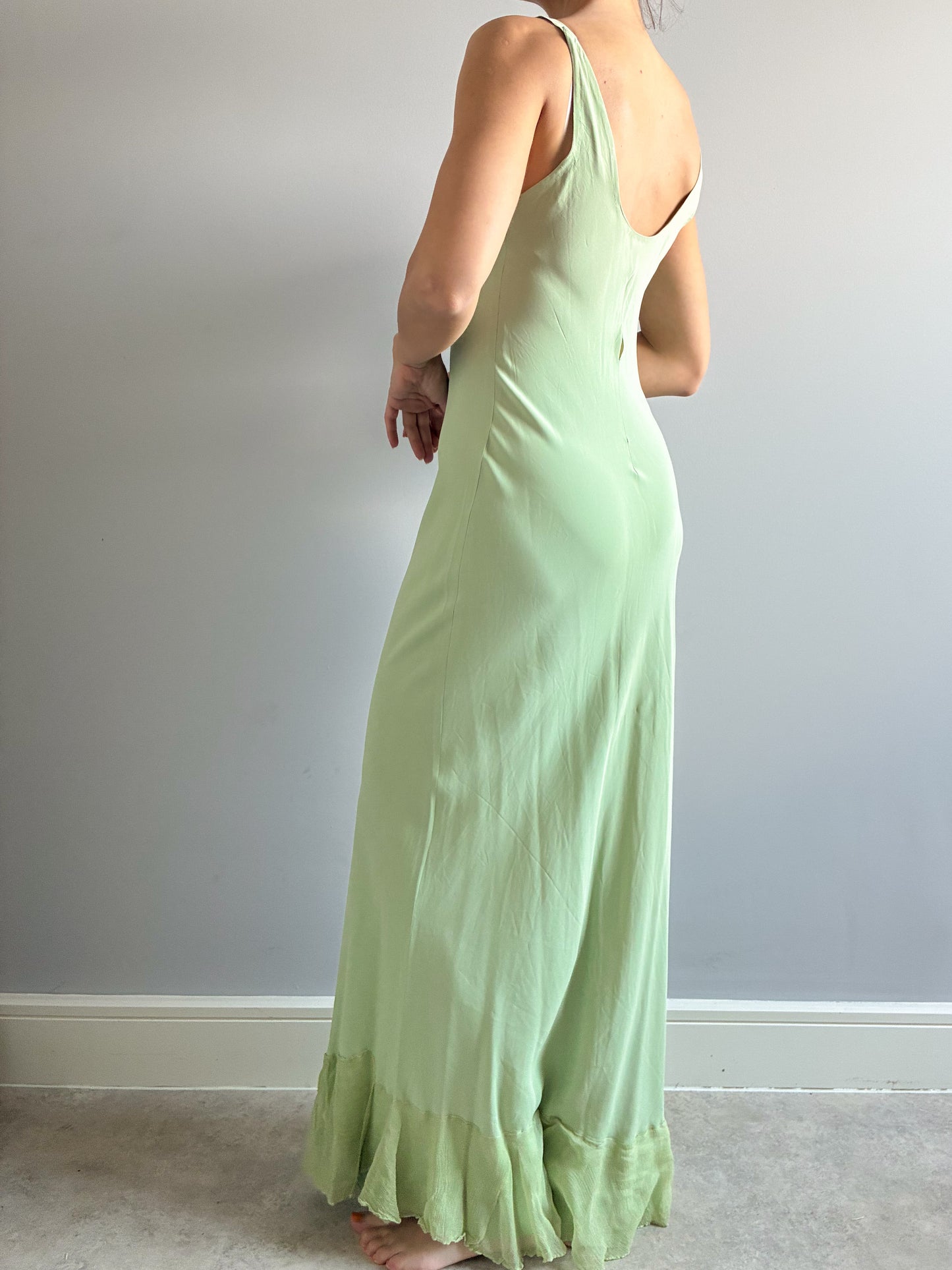 1930s Green Satin Slip With Chiffon Trim