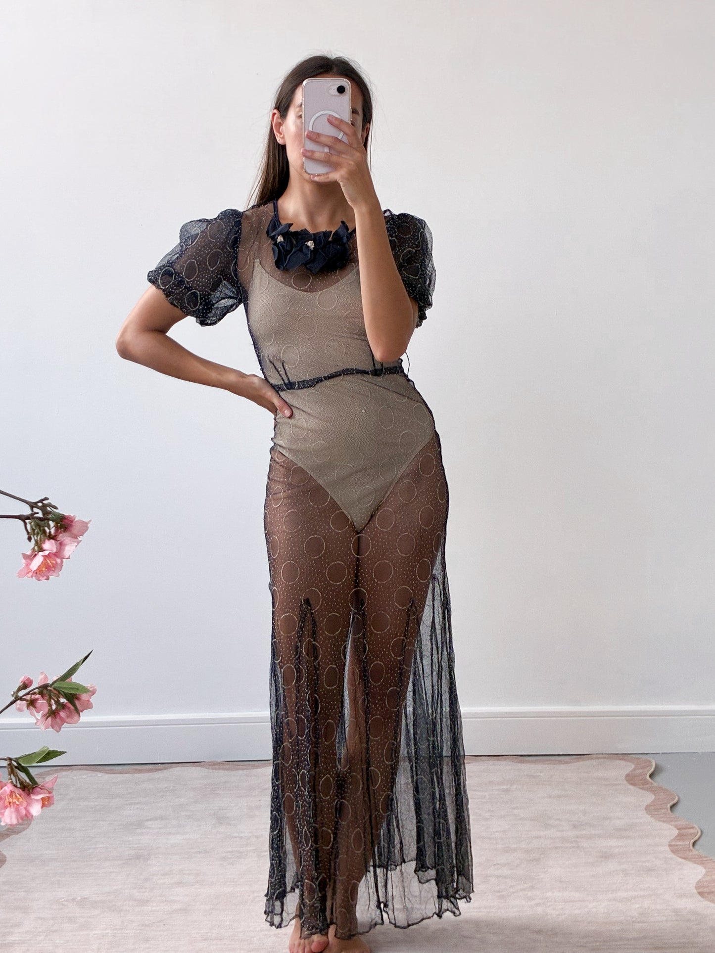 1930s Net Puff Sleeve Dress With Gold Embroidery