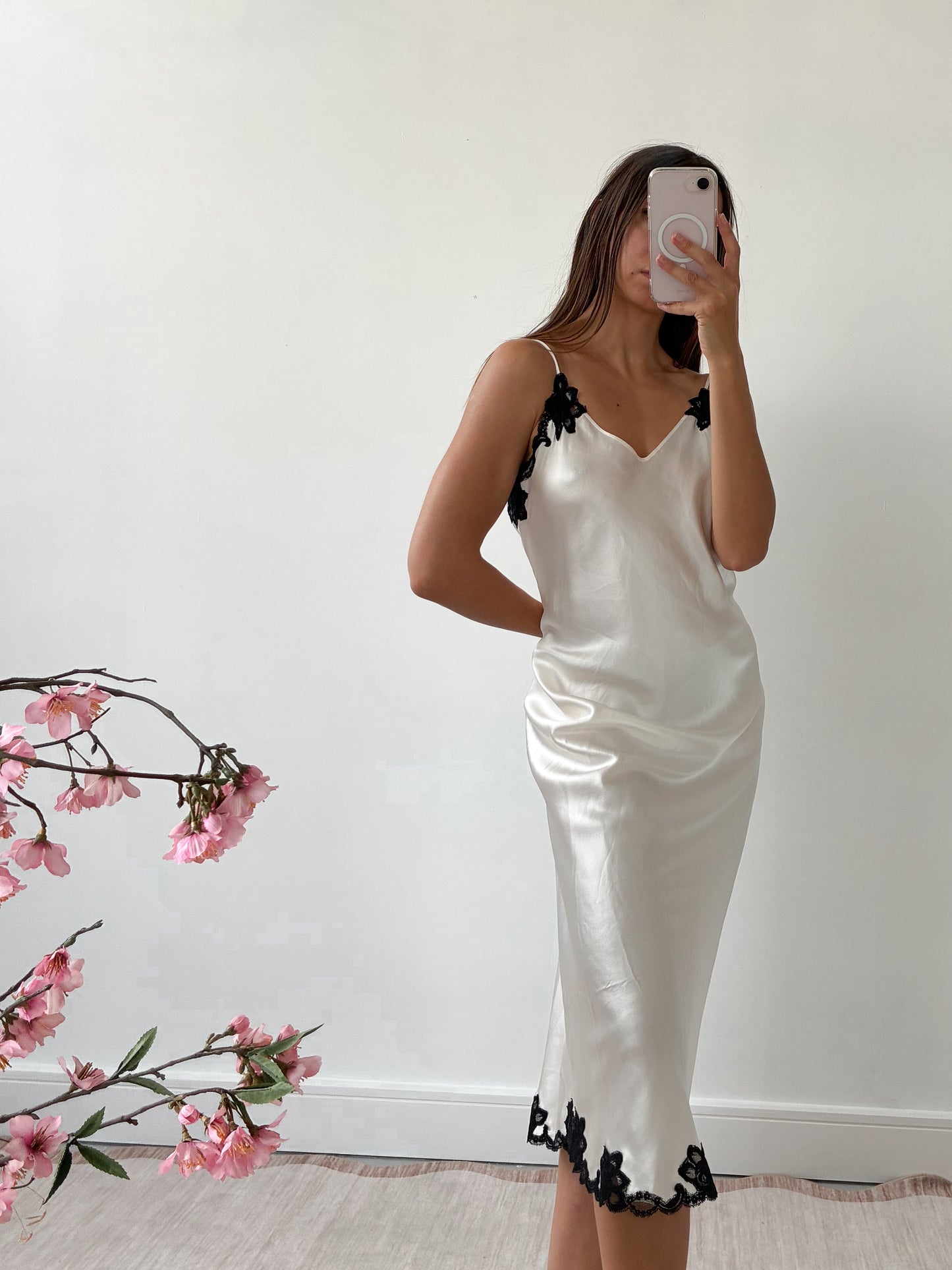 1990s Silk Slip Gown With Cross Back And Black Lace