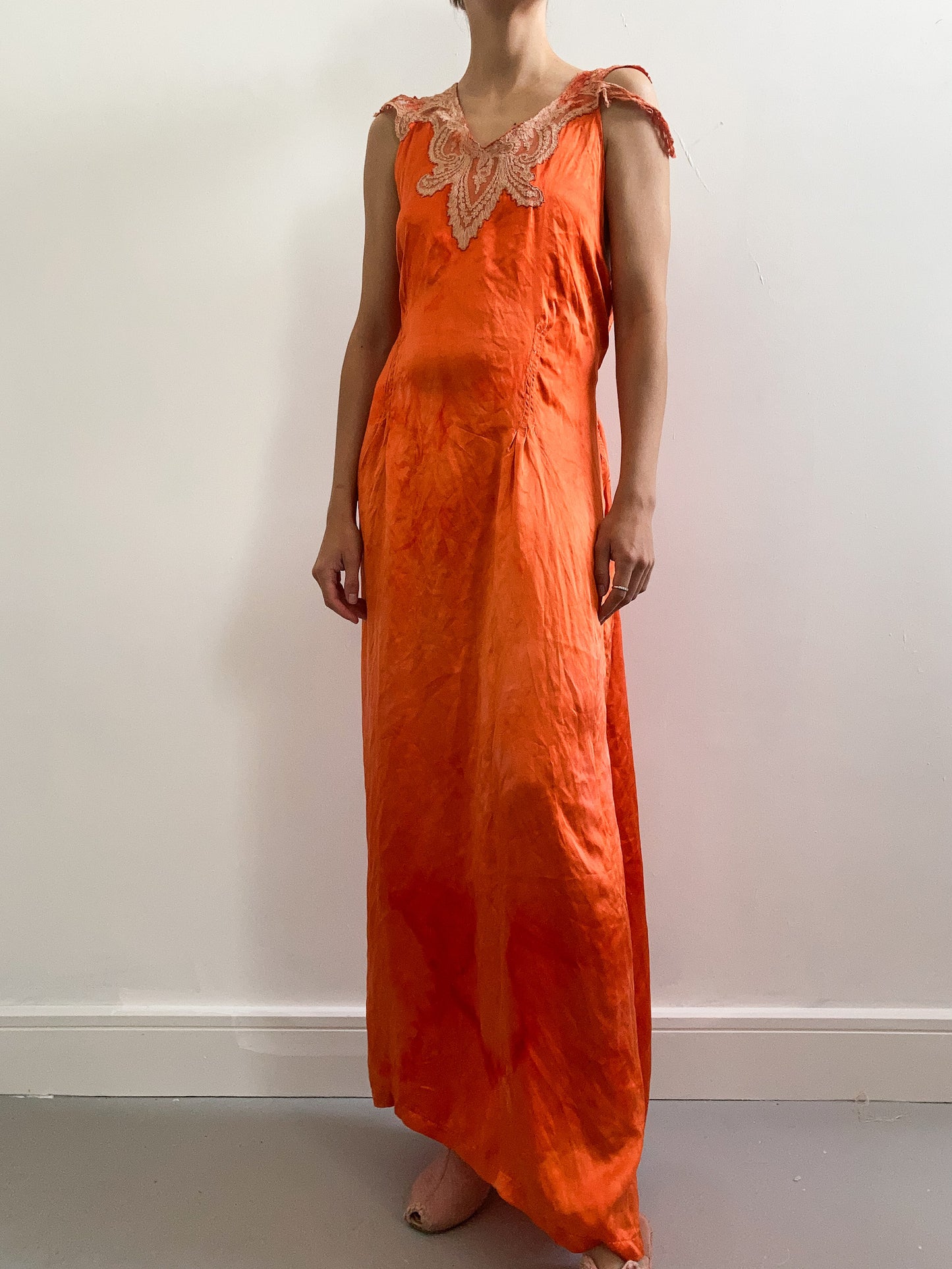 1930s Hand Dyed Silk Satin Slip with Lace and Cap Sleeves