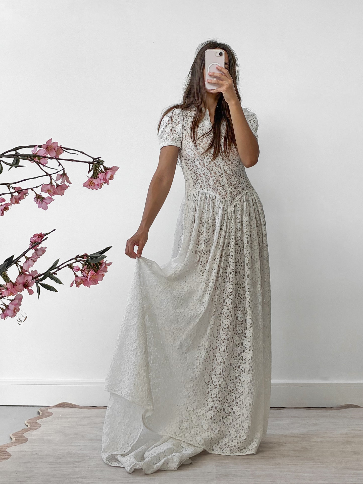 1930s Ivory Floral Lace Wedding Dress With Puff Sleeves And Sweep Train
