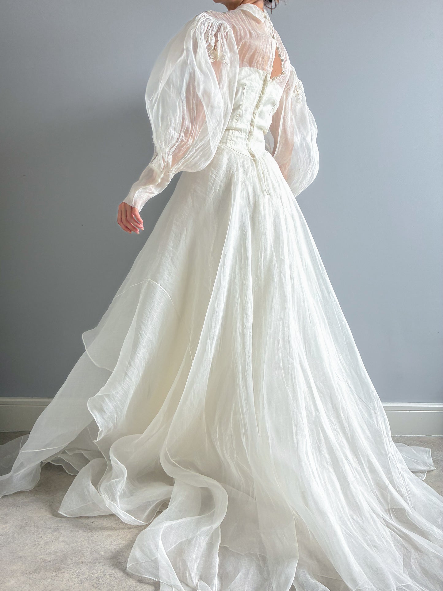 1940s Tiered Organza Wedding Gown With Puff Sleeves And Butterfly Detail