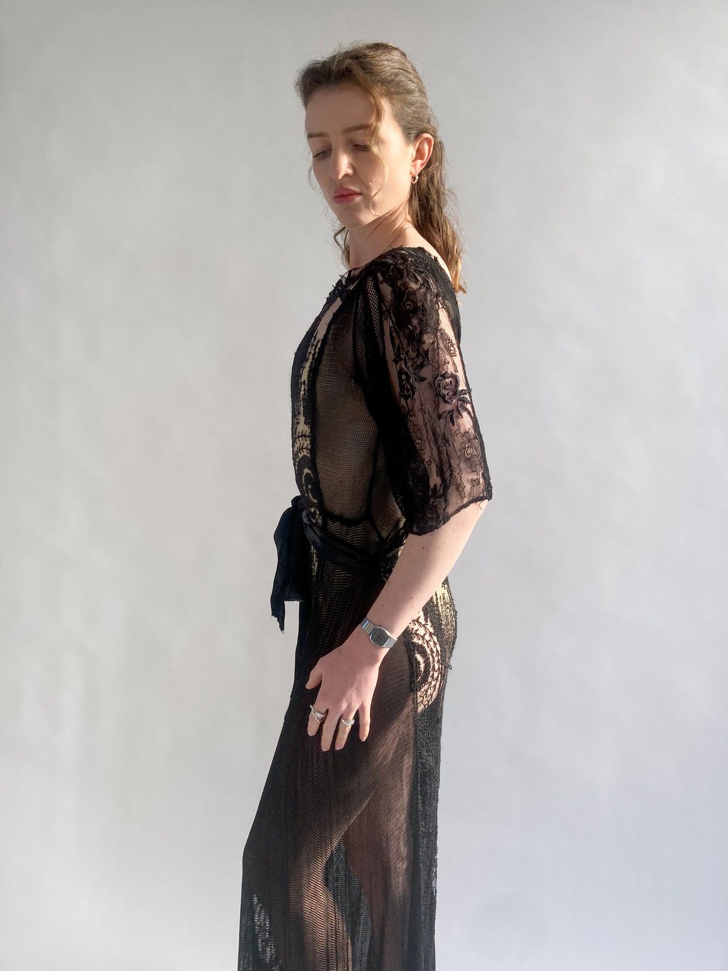 1920s Silk Cotton Black Crochet Dress