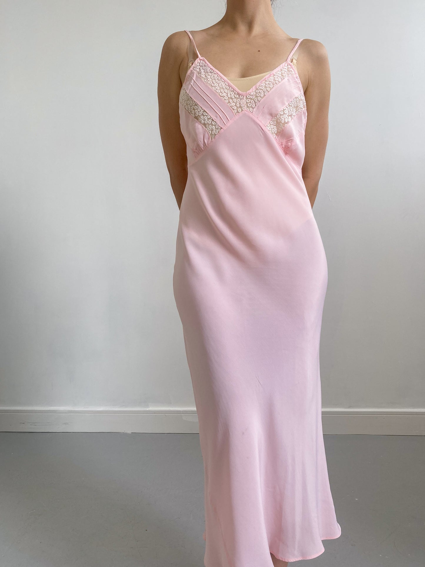 1930s Pink Slip with Floral Lace Trim