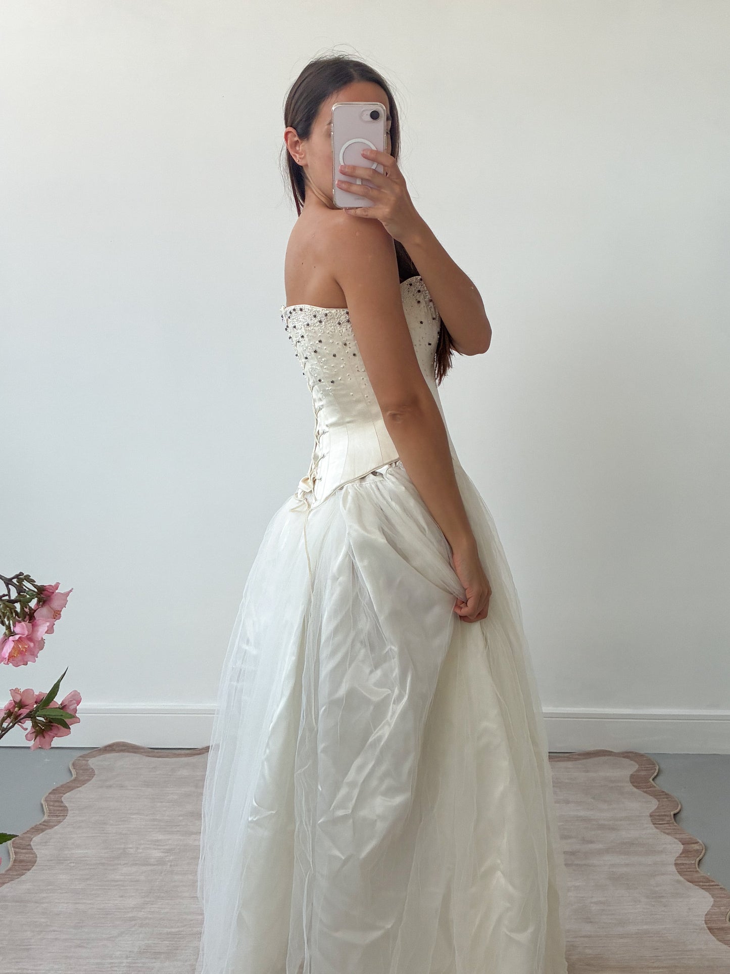 1990s Silk Lace-Up Embellished Corset In Cream S
