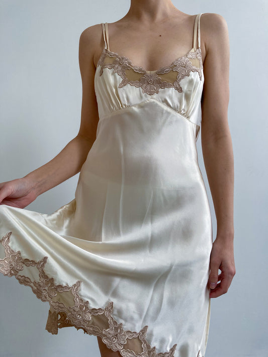 1990s La Senza Cream Silk Slip & Robe Set with Champagne Lace