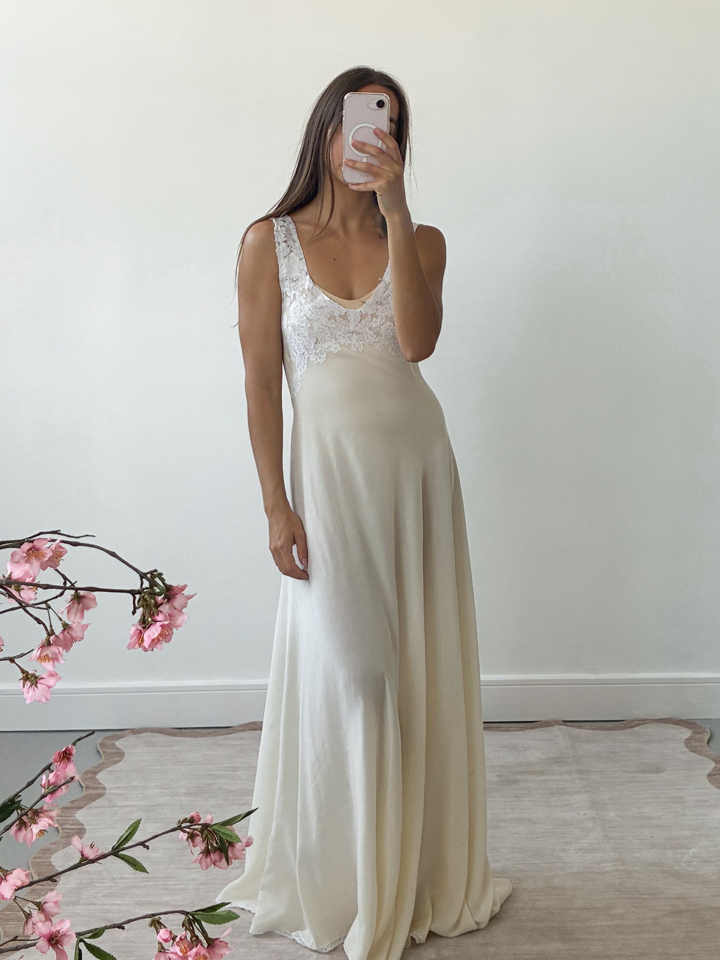 1940s Asymmetrical Cream Silk Slip With Floral Lace L