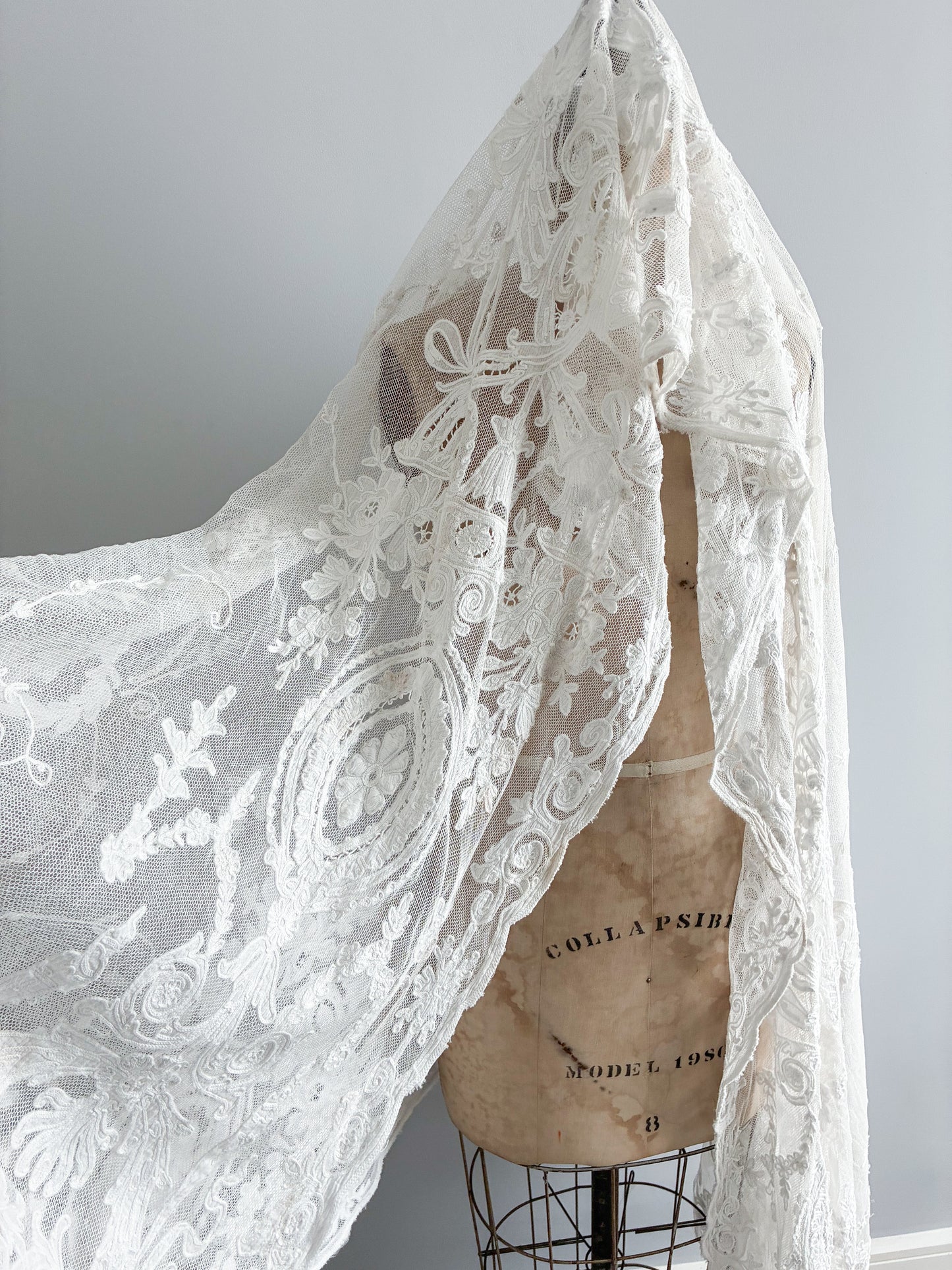 Antique French Heavy Cotton Tambour Tape Lace Veil