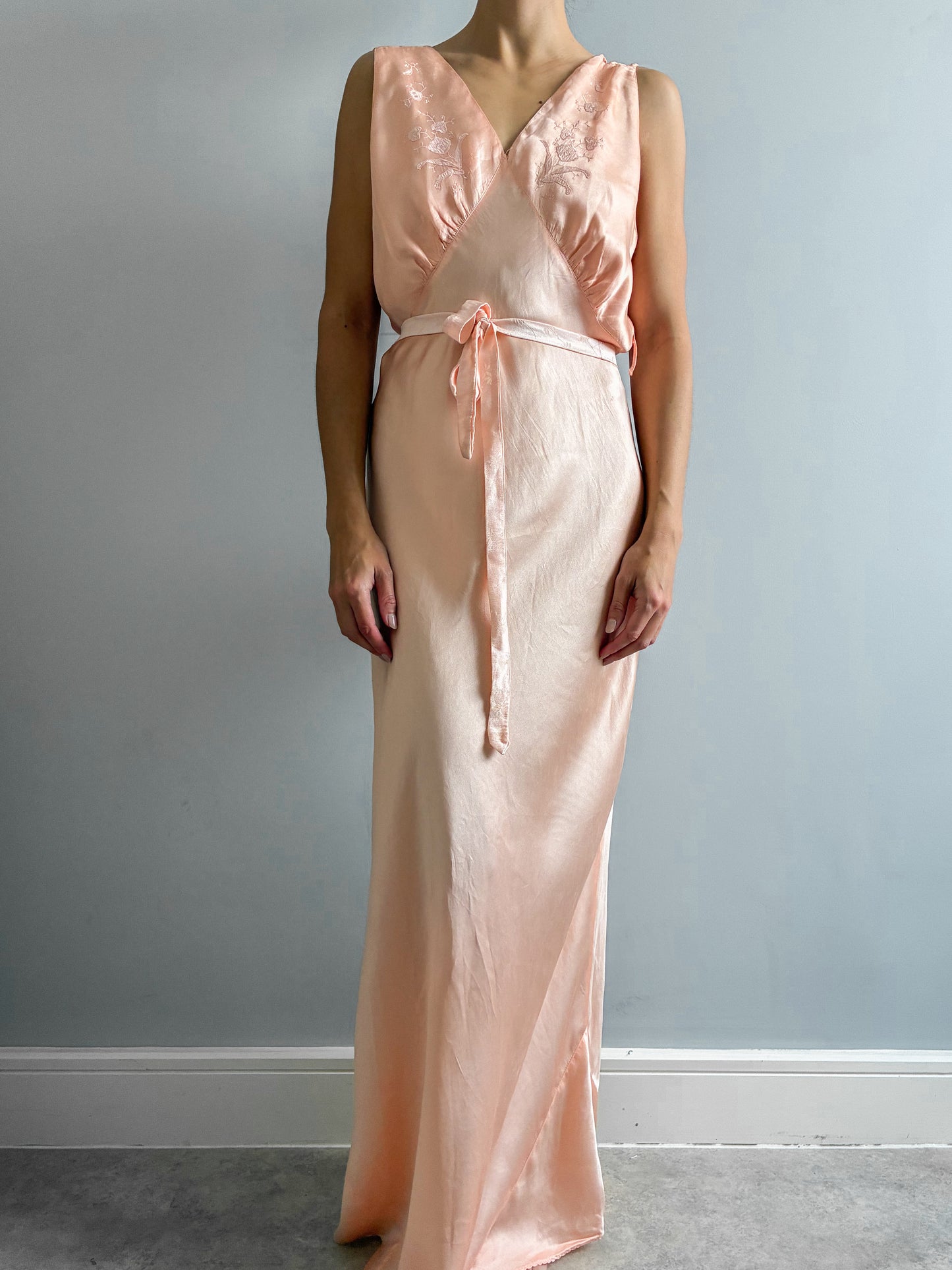 1930s Peachy Pink Pure Silk Slip Gown With Triple Straps