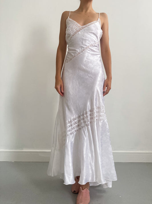 1980s Ivory Bridal Slip with Lace Inserts Low Back and Fishtail Hem