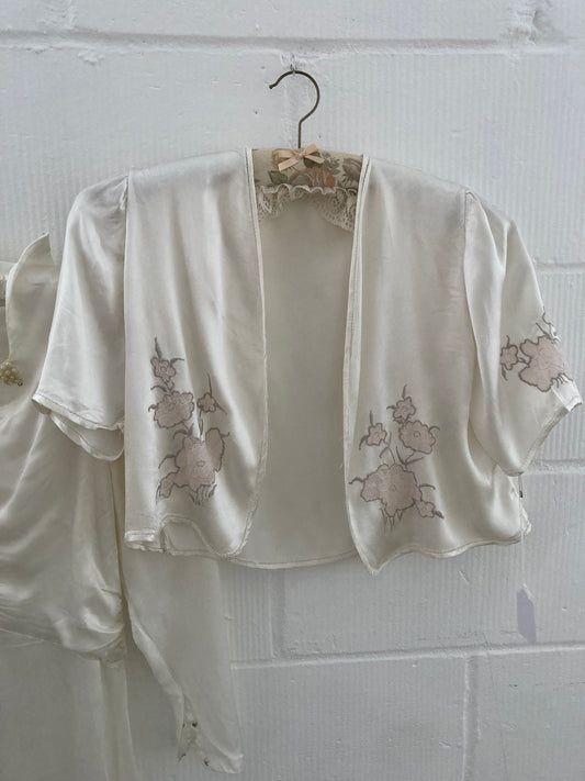 1940s Satin Off White Bridal Jacket with Champagne Embroidery