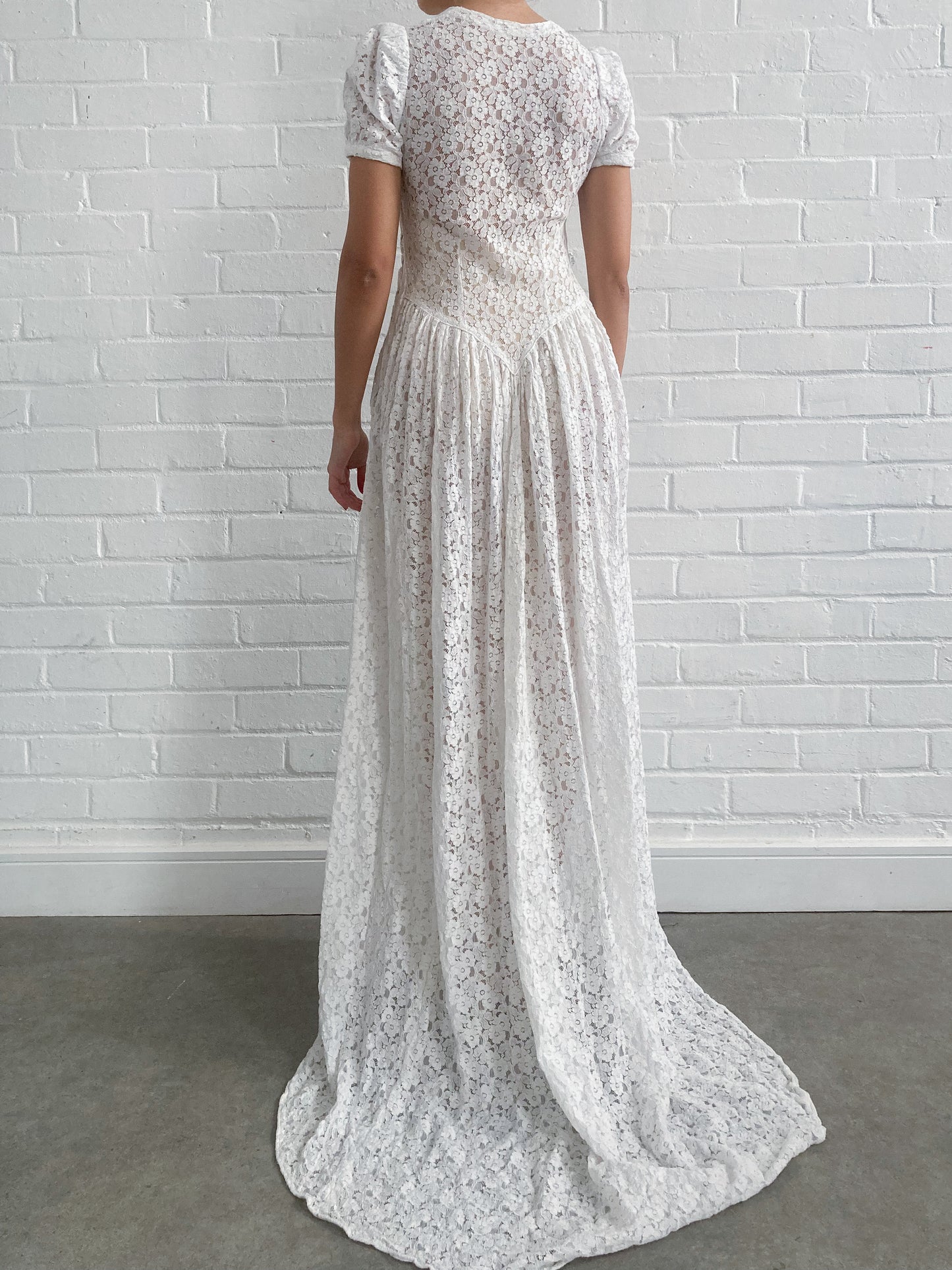 1930s Ivory Floral Lace Wedding Dress With Puff Sleeves And Sweep Train