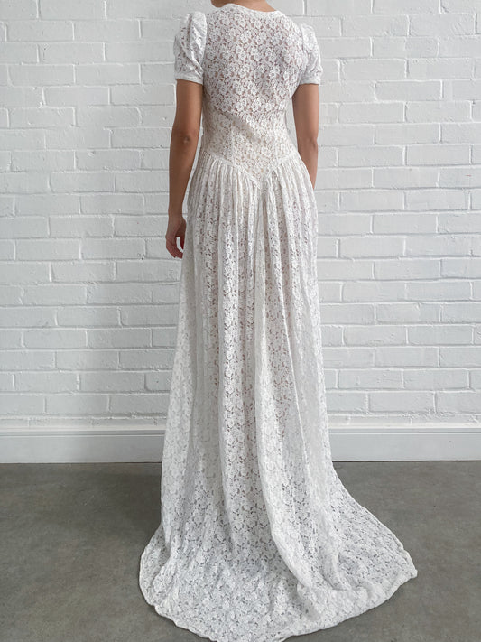 1930s Puff Sleeve Lace Dress In Ivory With Short Train