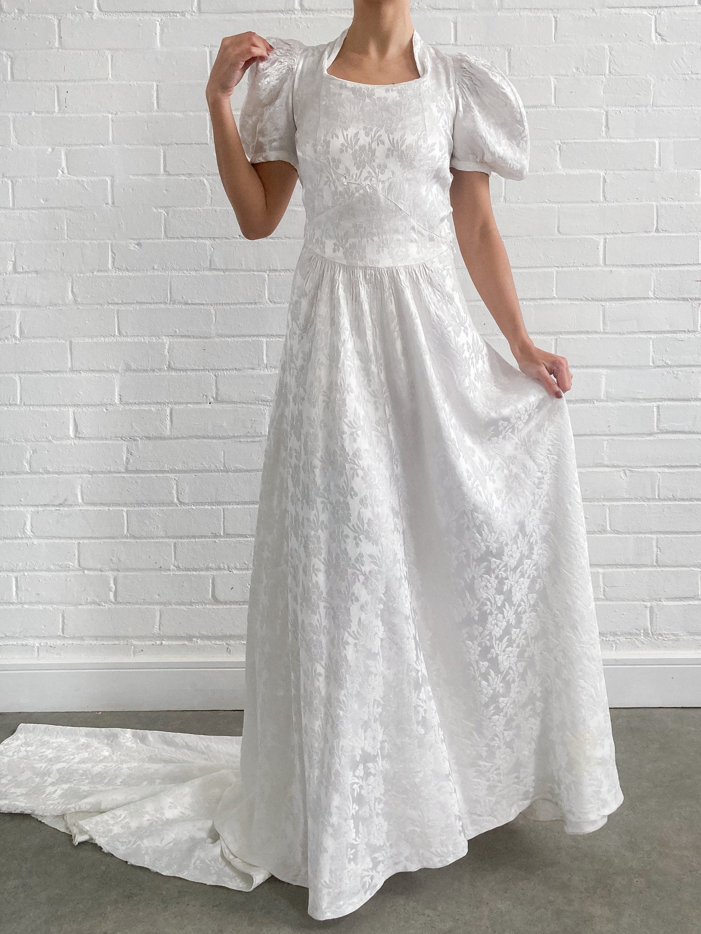 1930s Ivory Jacquard Wedding Gown With Puff Sleeves and Chapel Train