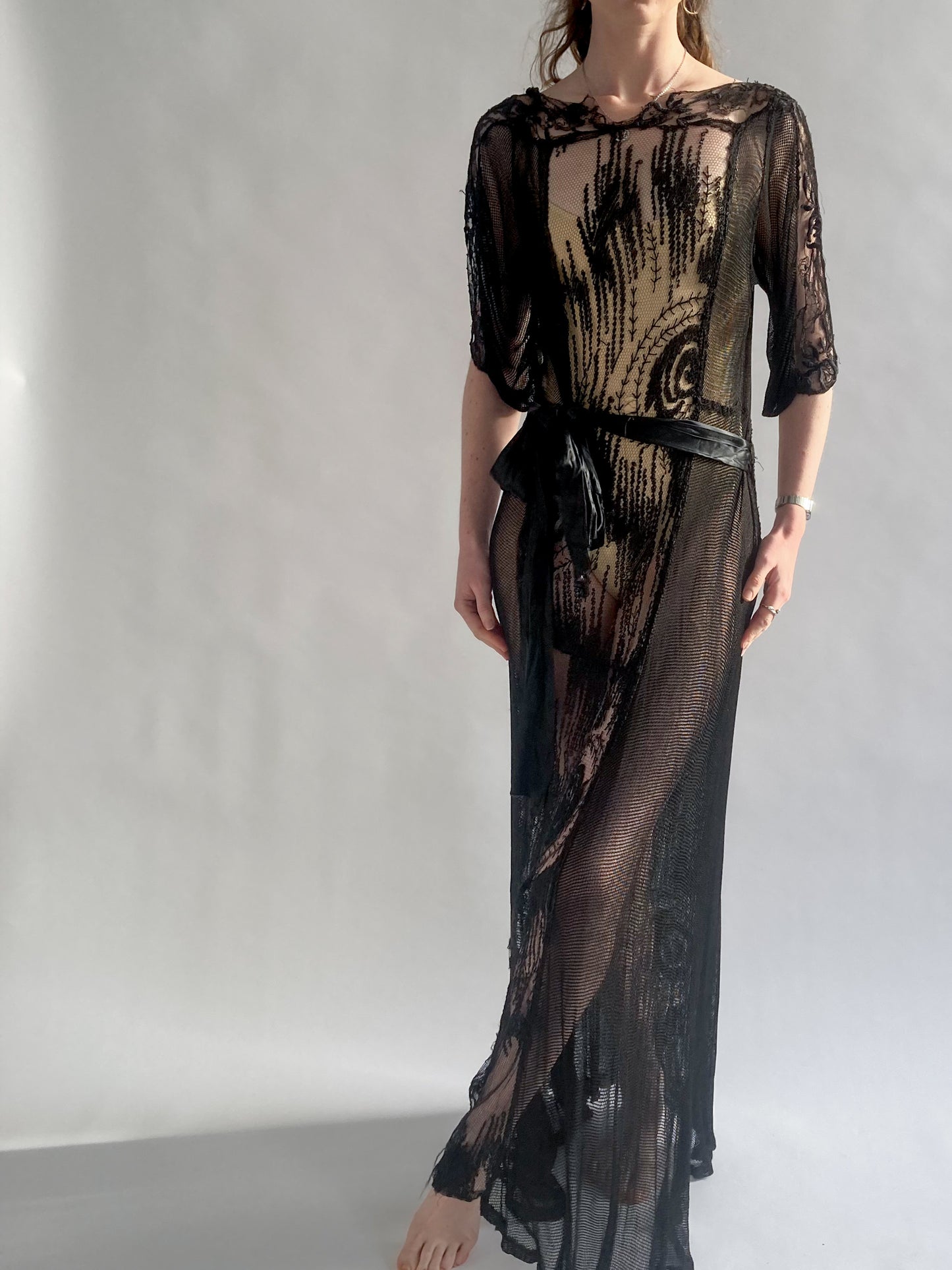 1920s Silk Cotton Black Crochet Dress