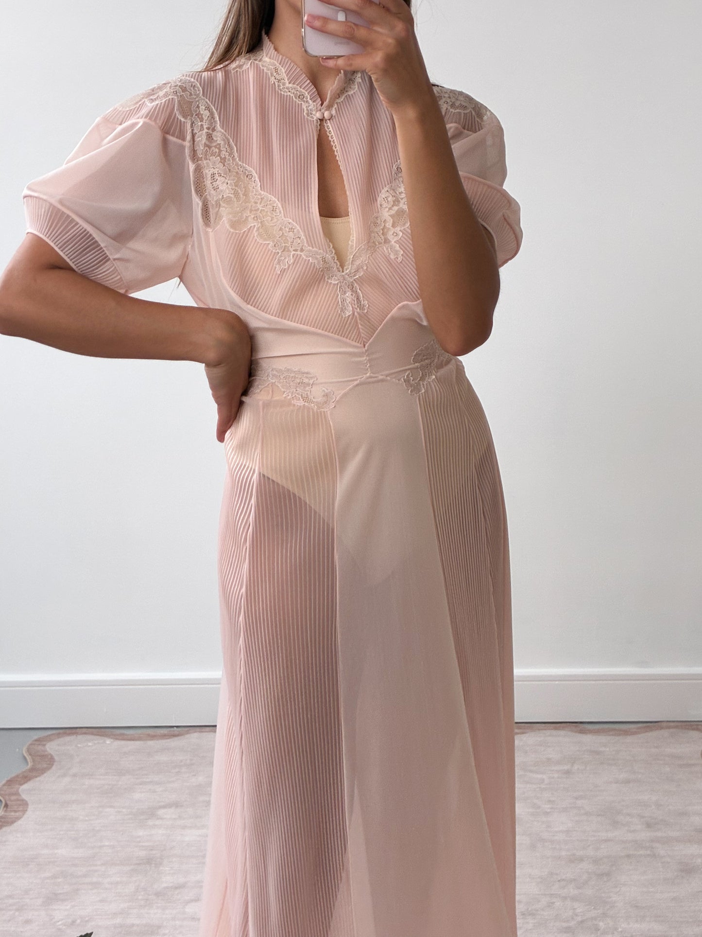 1970s Sheer Peach Nightgown With Lace Detail