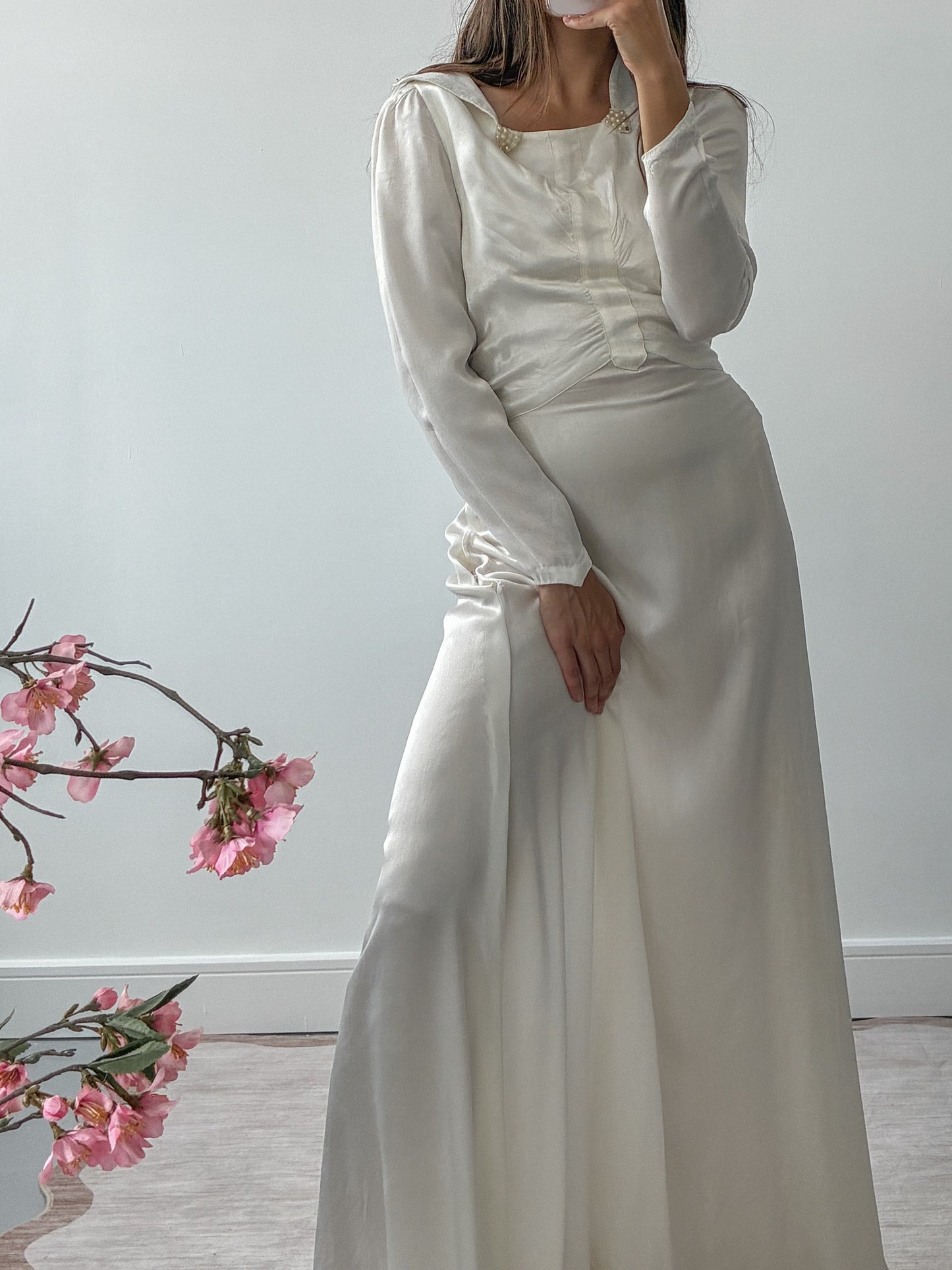 1940s Satin Wedding Dress With Pearl Detail