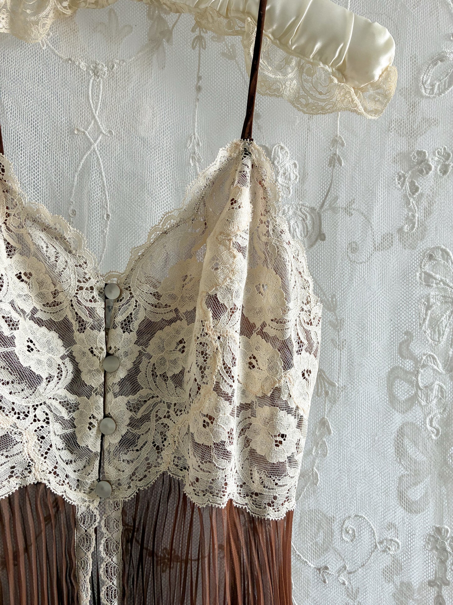 1970s Chocolate Pleated Nightdress with Cream Lace