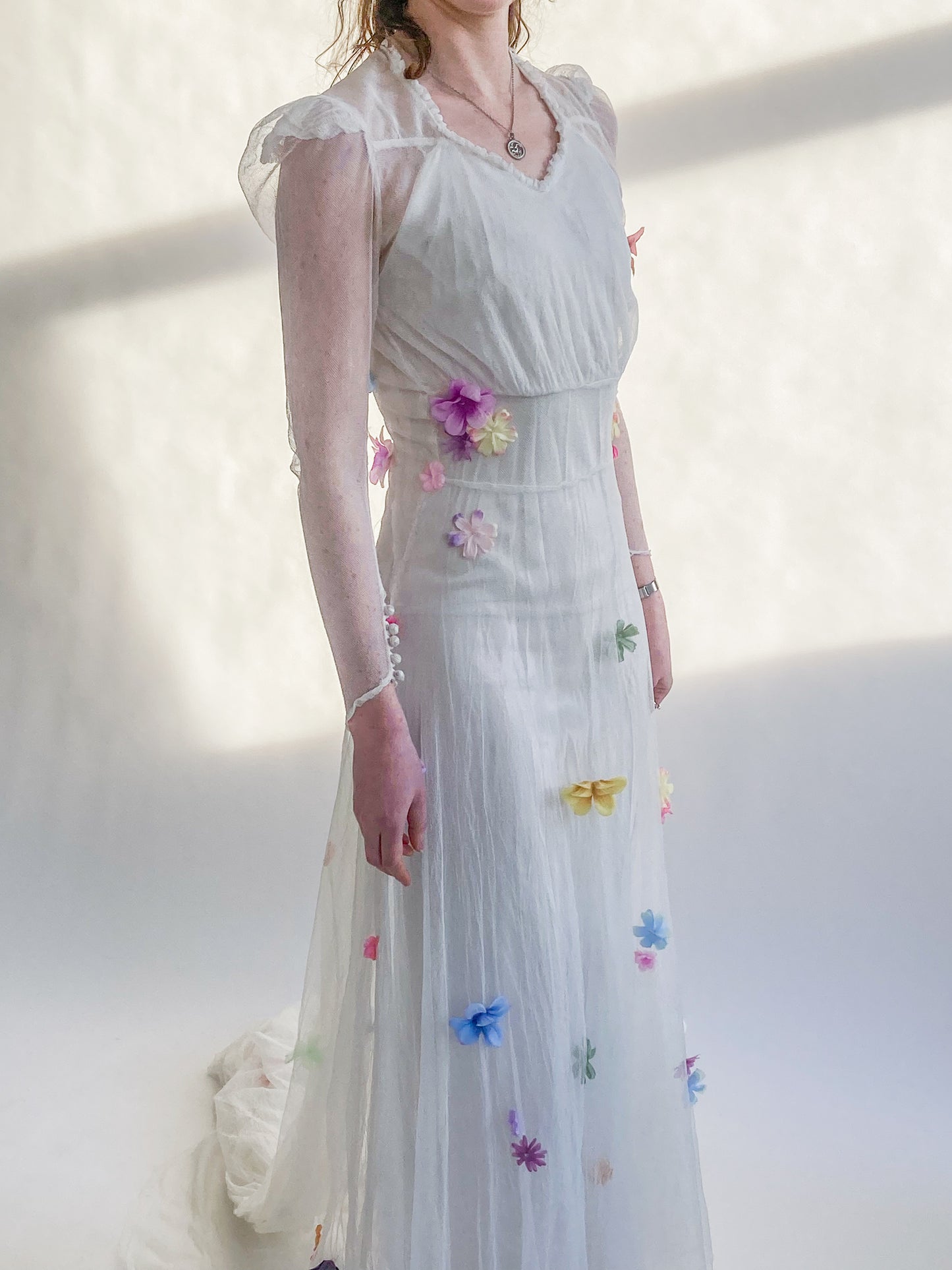1930s Net Wedding Dress With Flowers and Cathedral Train