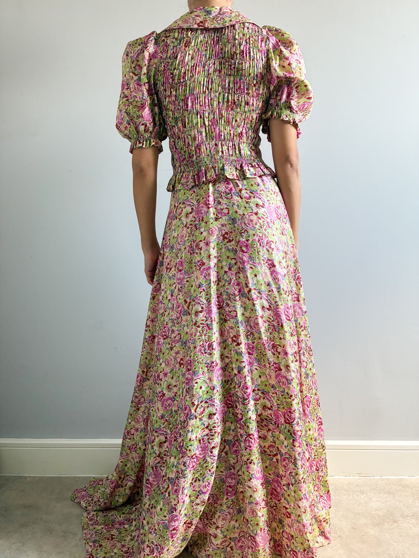 1930s Asymmetrical Floral Puff Sleeve Robe