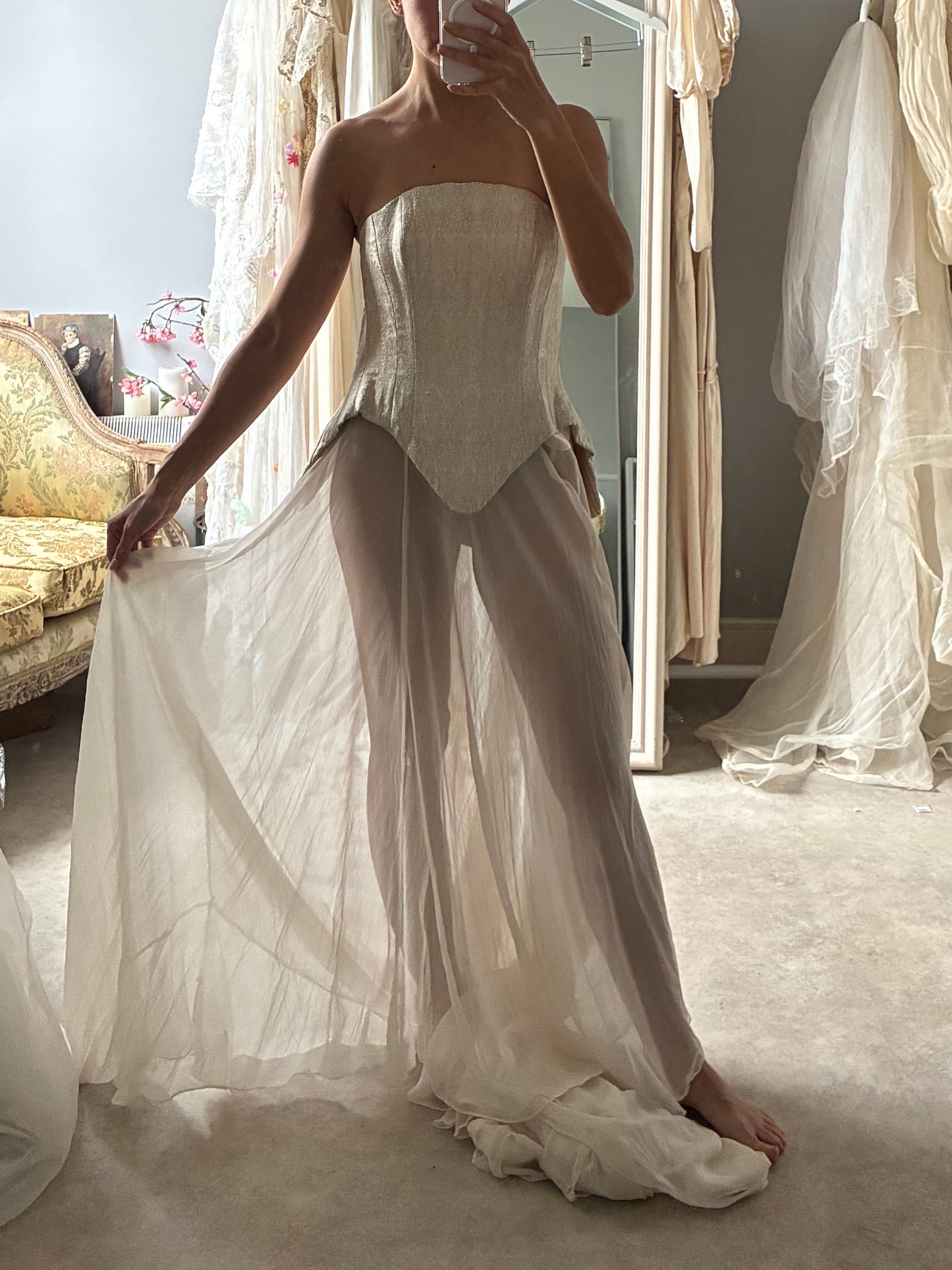 Reworked 1930s Silk Chiffon Bridal Skirt with Cathedral Train