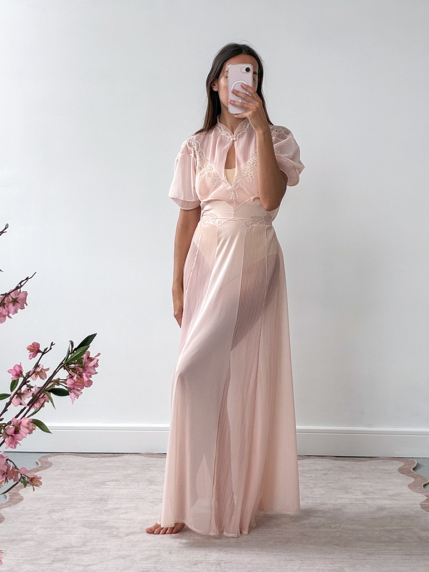 1970s Sheer Peach Nightgown With Lace Detail