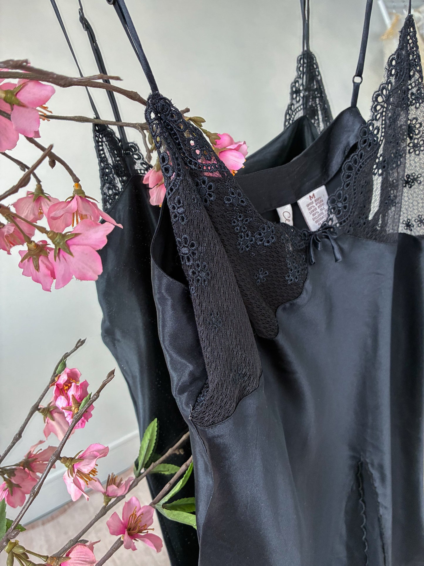 1990s Black Silk Mini Slip With Sheer Lace