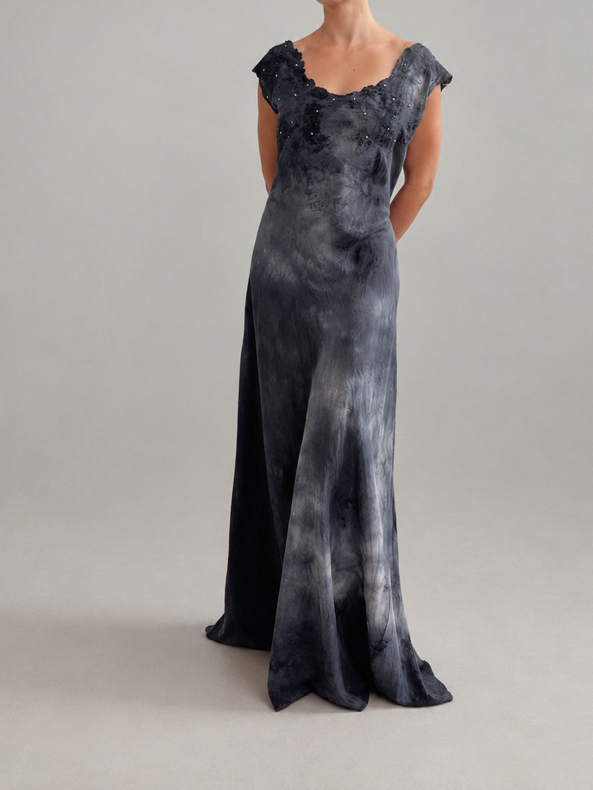 1930s Silk Nightgown With Floral Lace & Pearl Beading In Midnight Blue M L